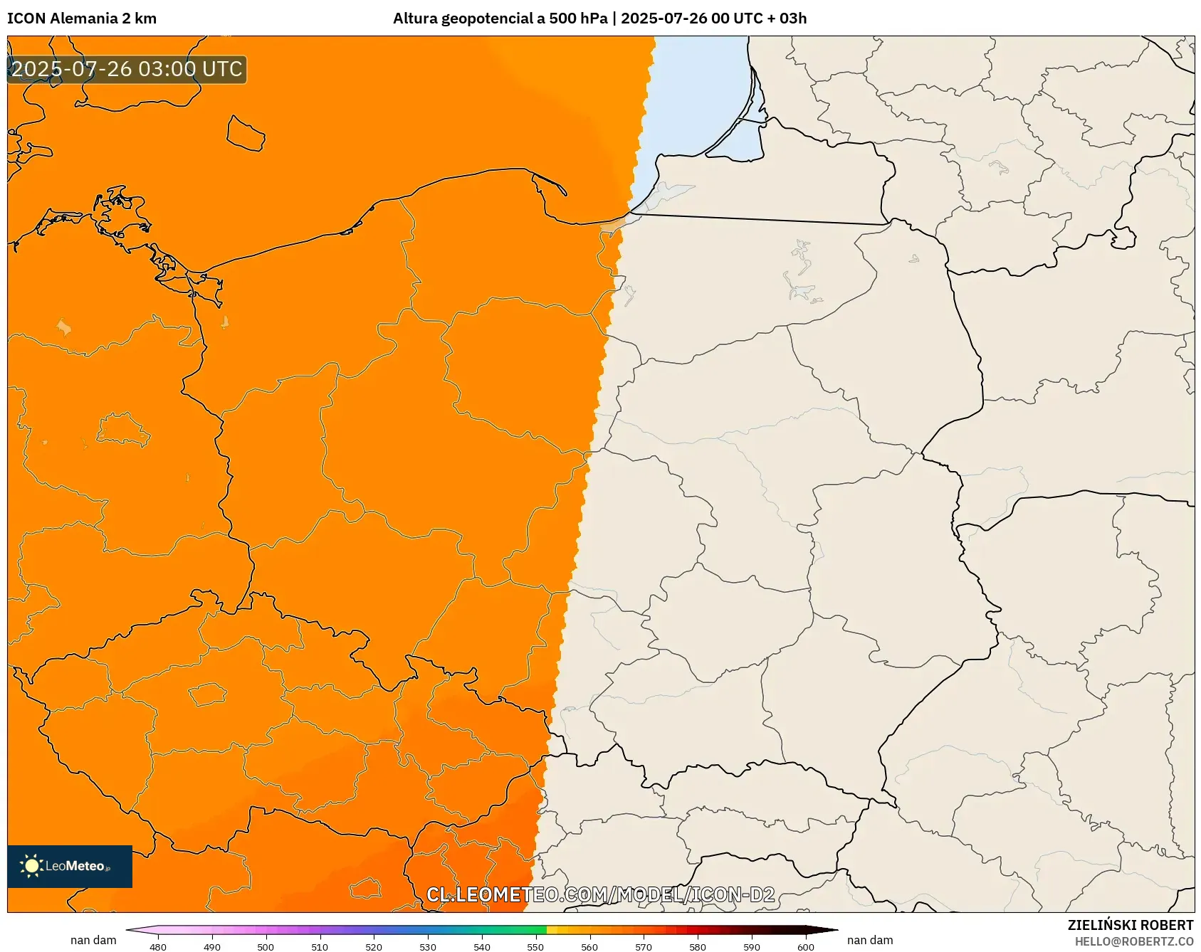 ICON Alemania 2 km model - Polonia, Altura geopotencial a 500 hPa
