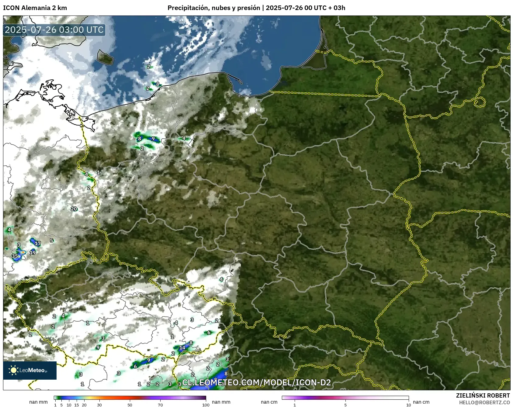 ICON Alemania 2 km model - Polonia, Precipitación, nubes y presión