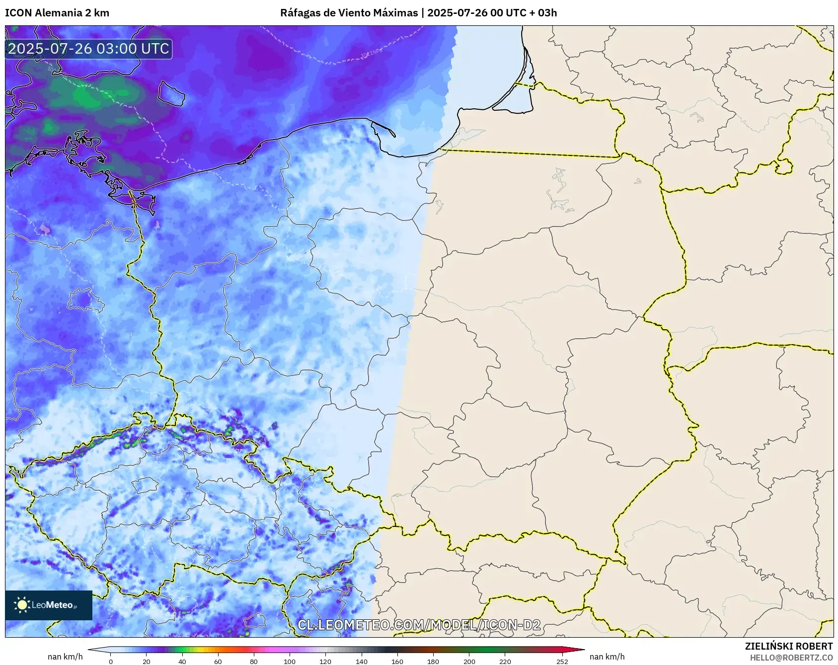 ICON Alemania 2 km model - Polonia, Ráfagas de Viento Máximas