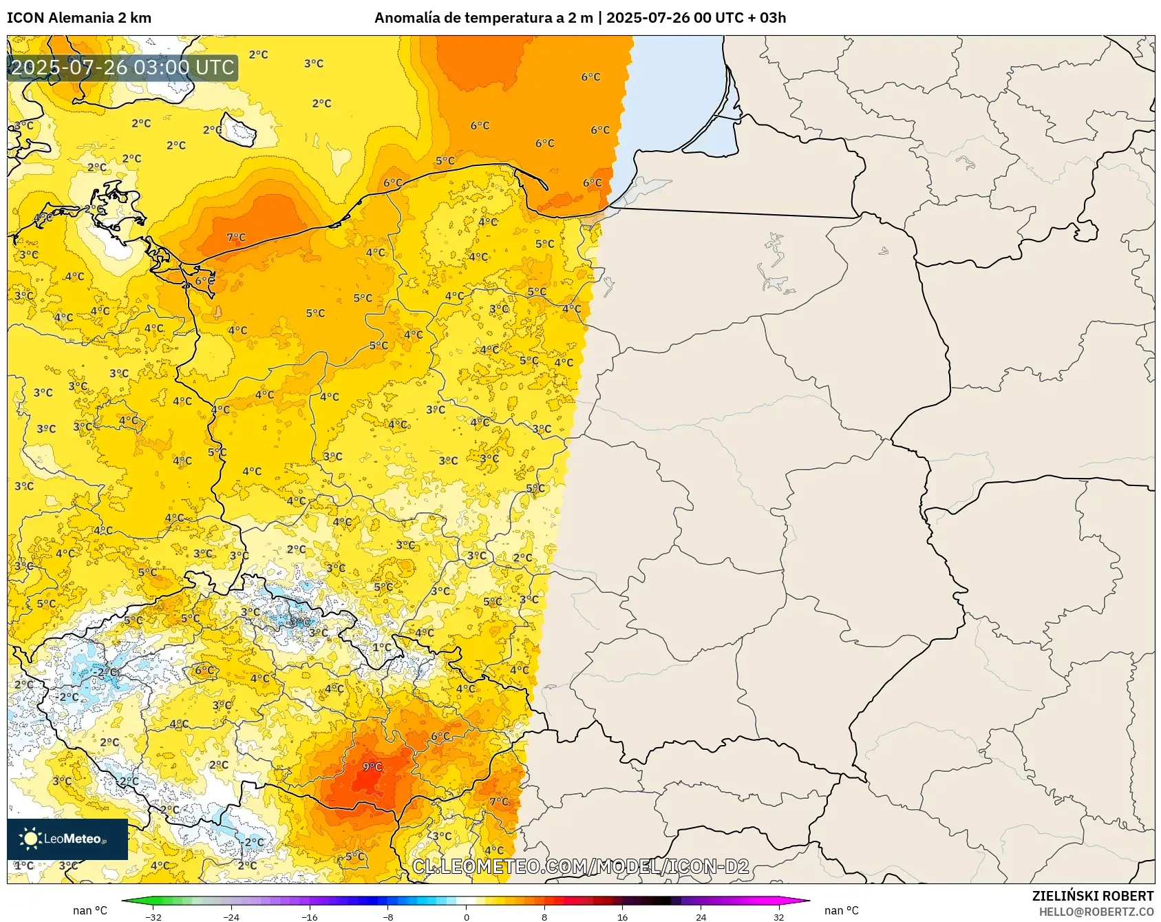 ICON Alemania 2 km model - Polonia, Anomalía de temperatura a 2 m