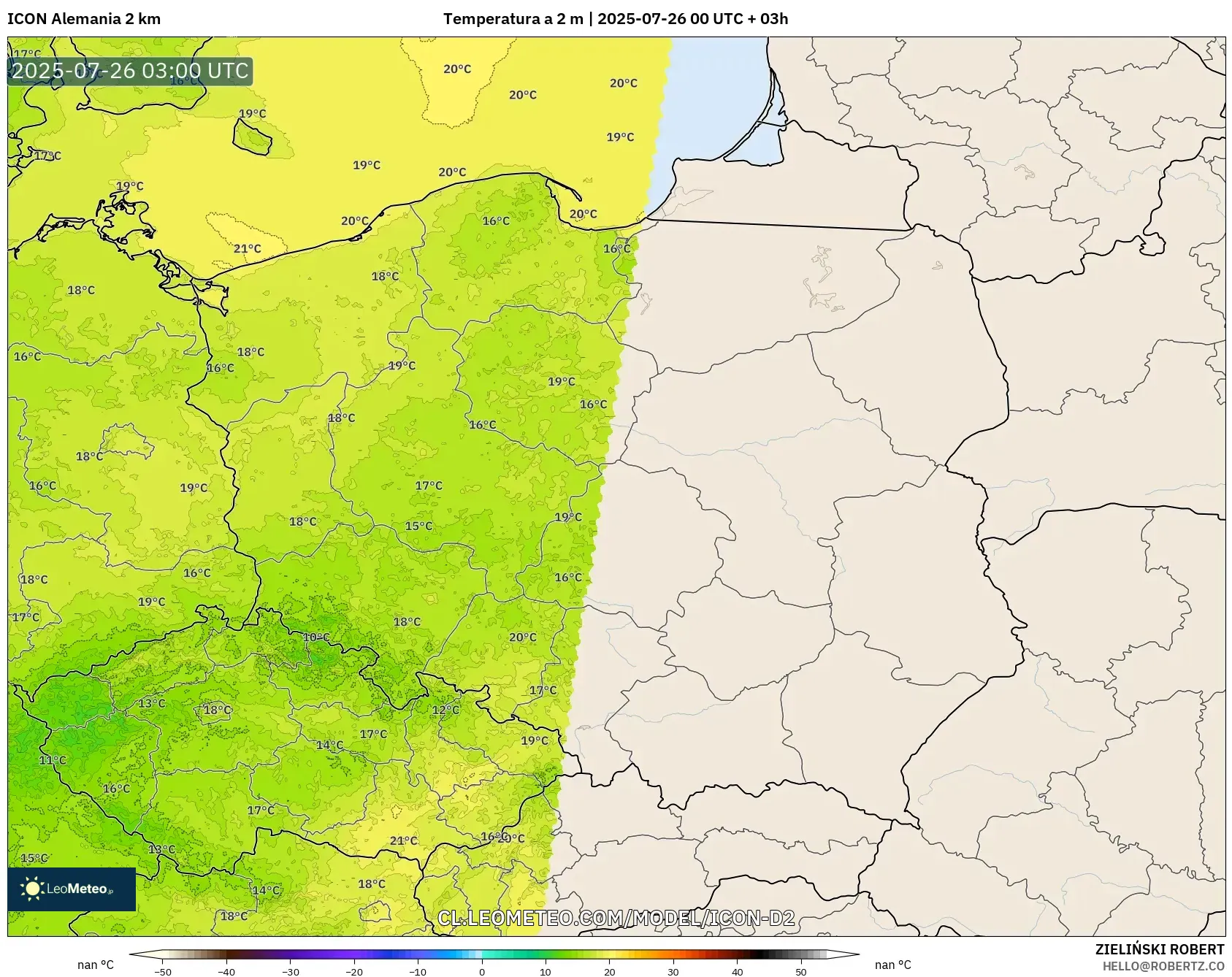 ICON Alemania 2 km model - Polonia, Temperatura a 2 m