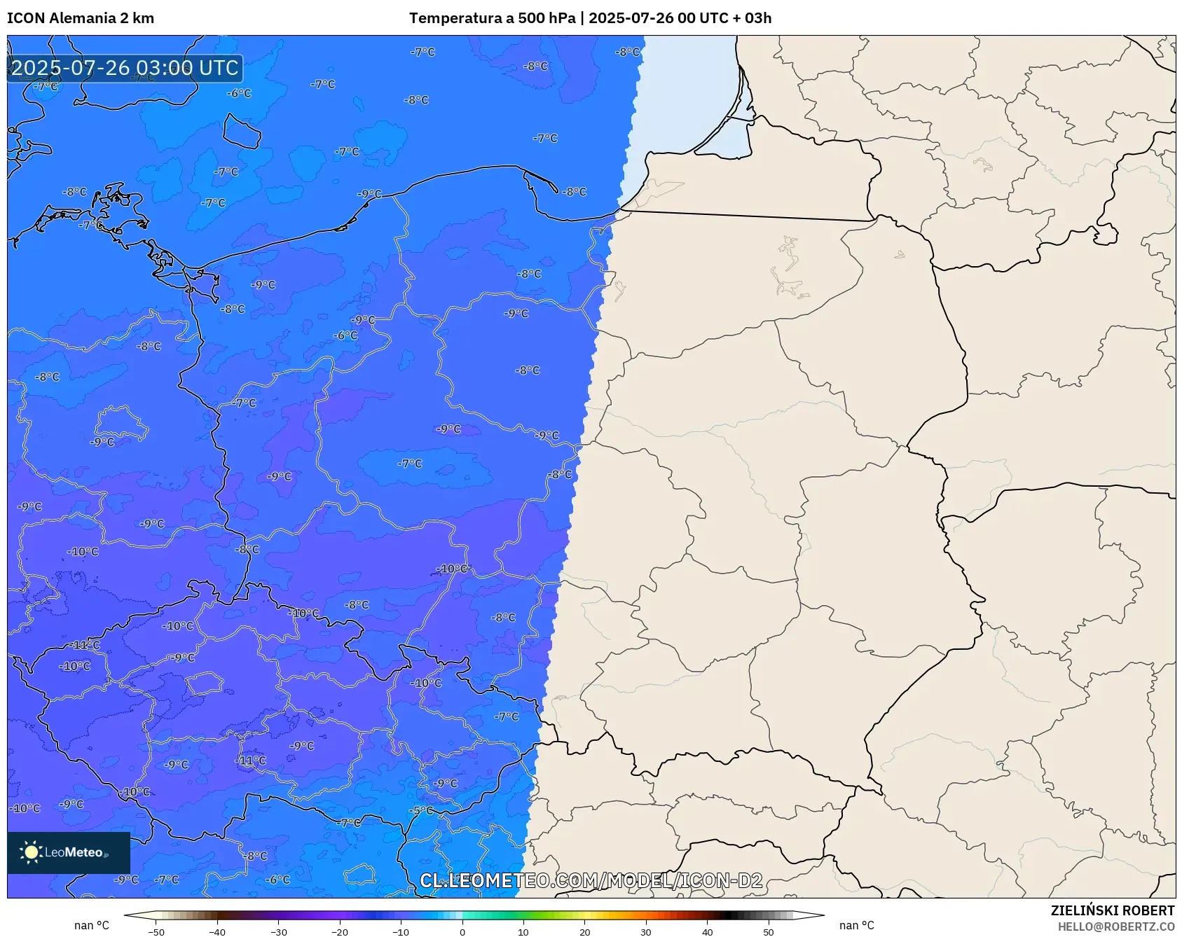 ICON Alemania 2 km model - Polonia, Temperatura a 500 hPa