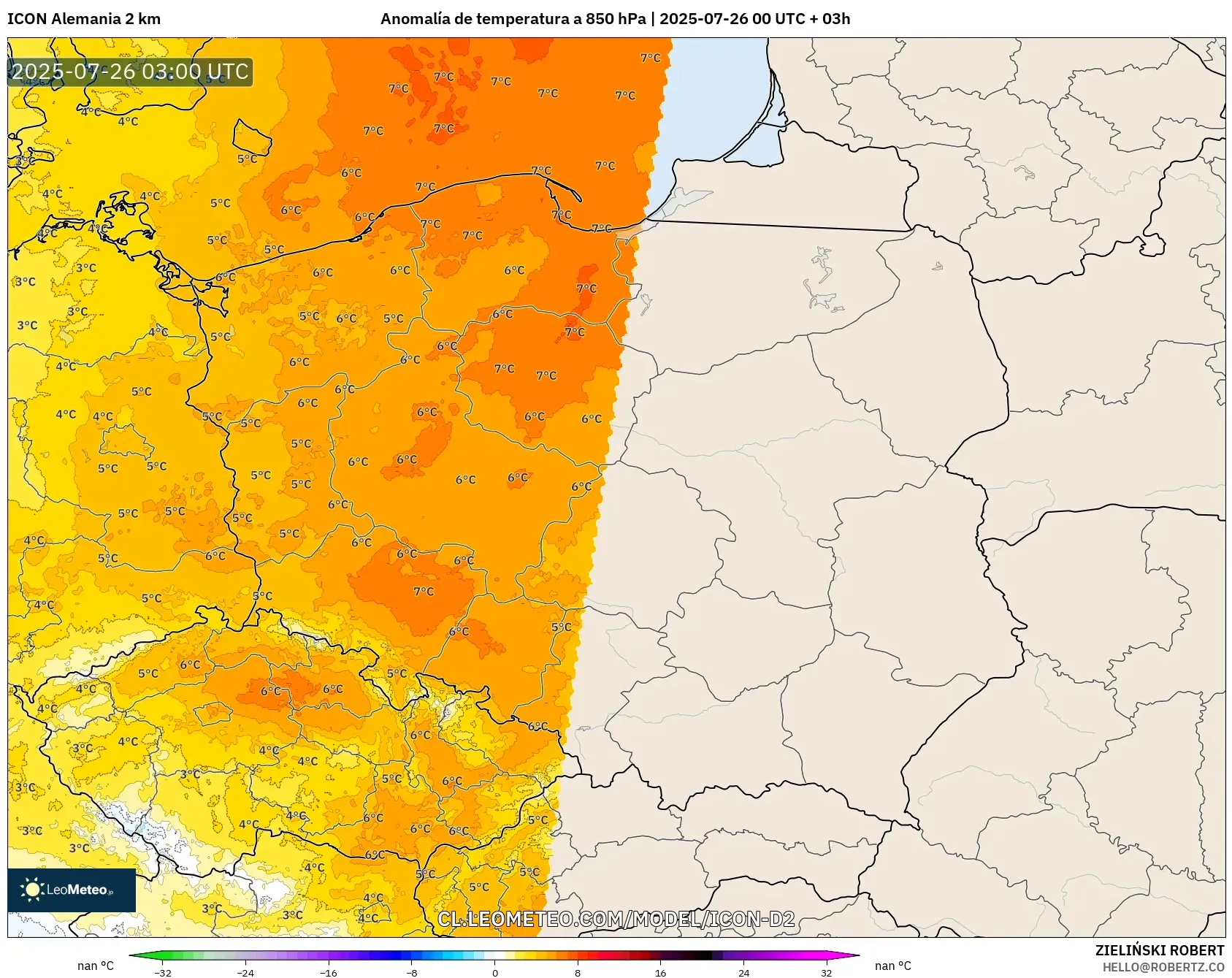 ICON Alemania 2 km model - Polonia, Anomalía de temperatura a 850 hPa