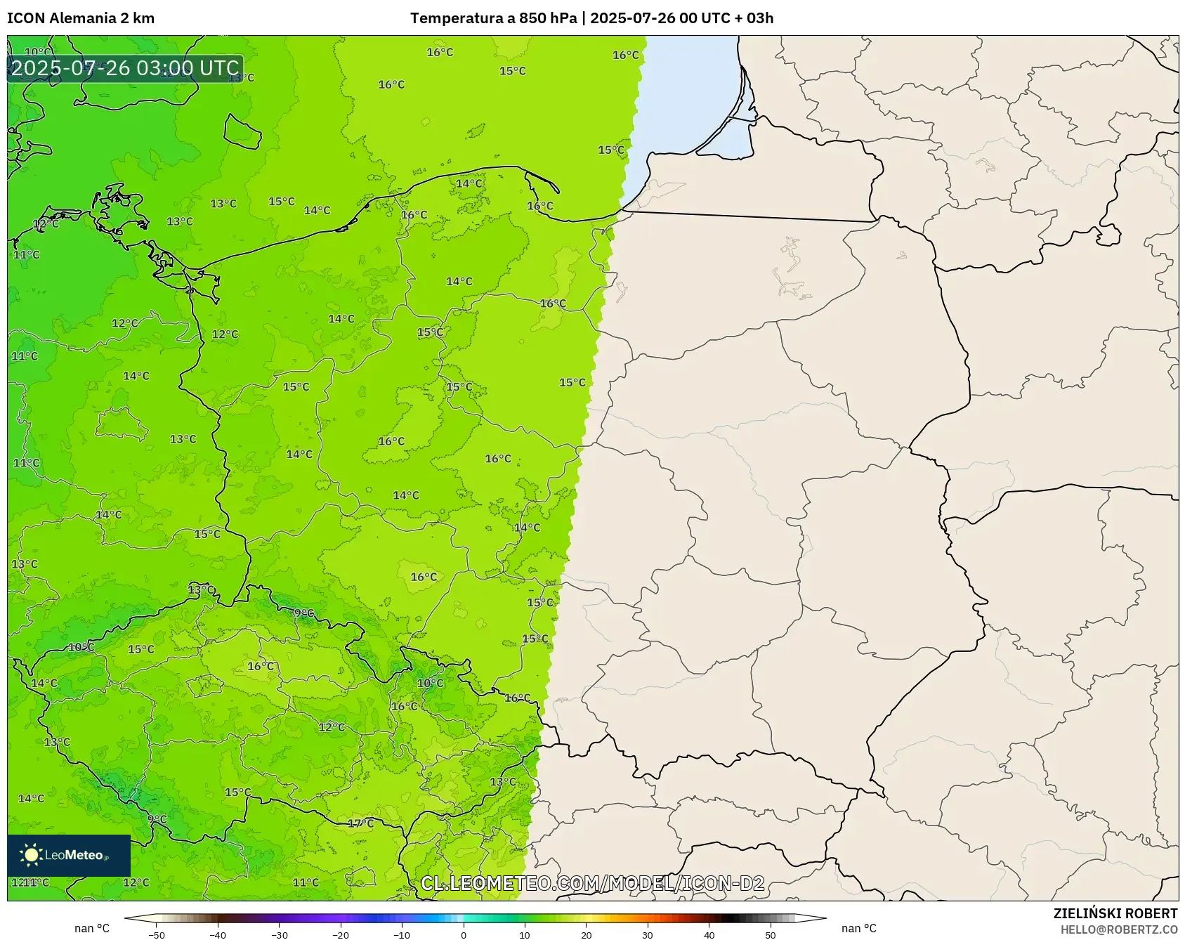 ICON Alemania 2 km model - Polonia, Temperatura a 850 hPa