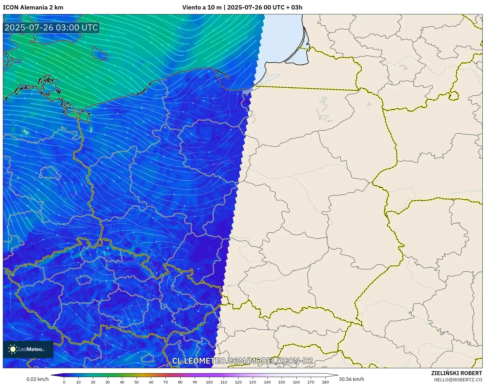 ICON Alemania 2 km model - Polonia, Viento a 10 m
