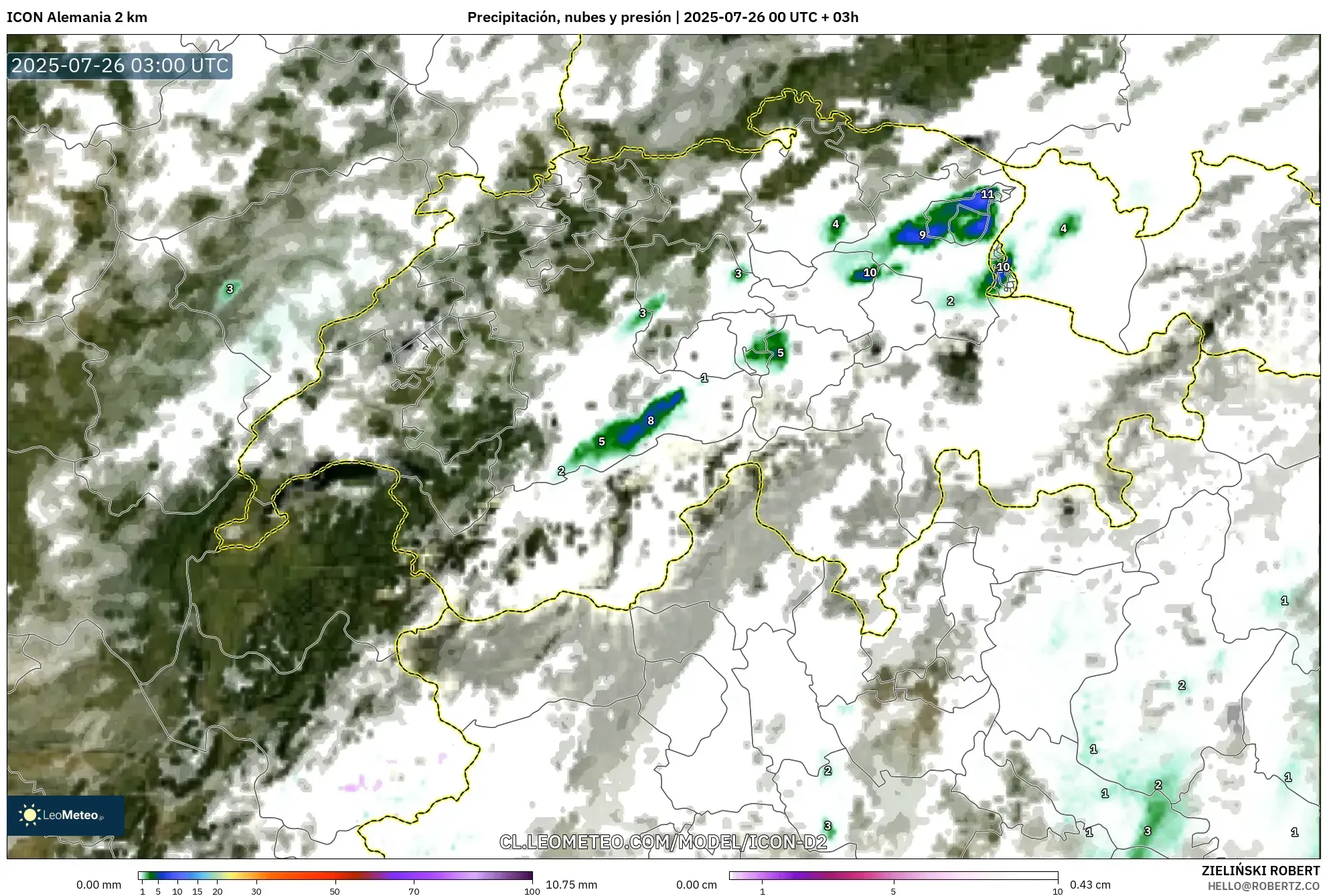 ICON Alemania 2 km model - Suiza, Precipitación, nubes y presión