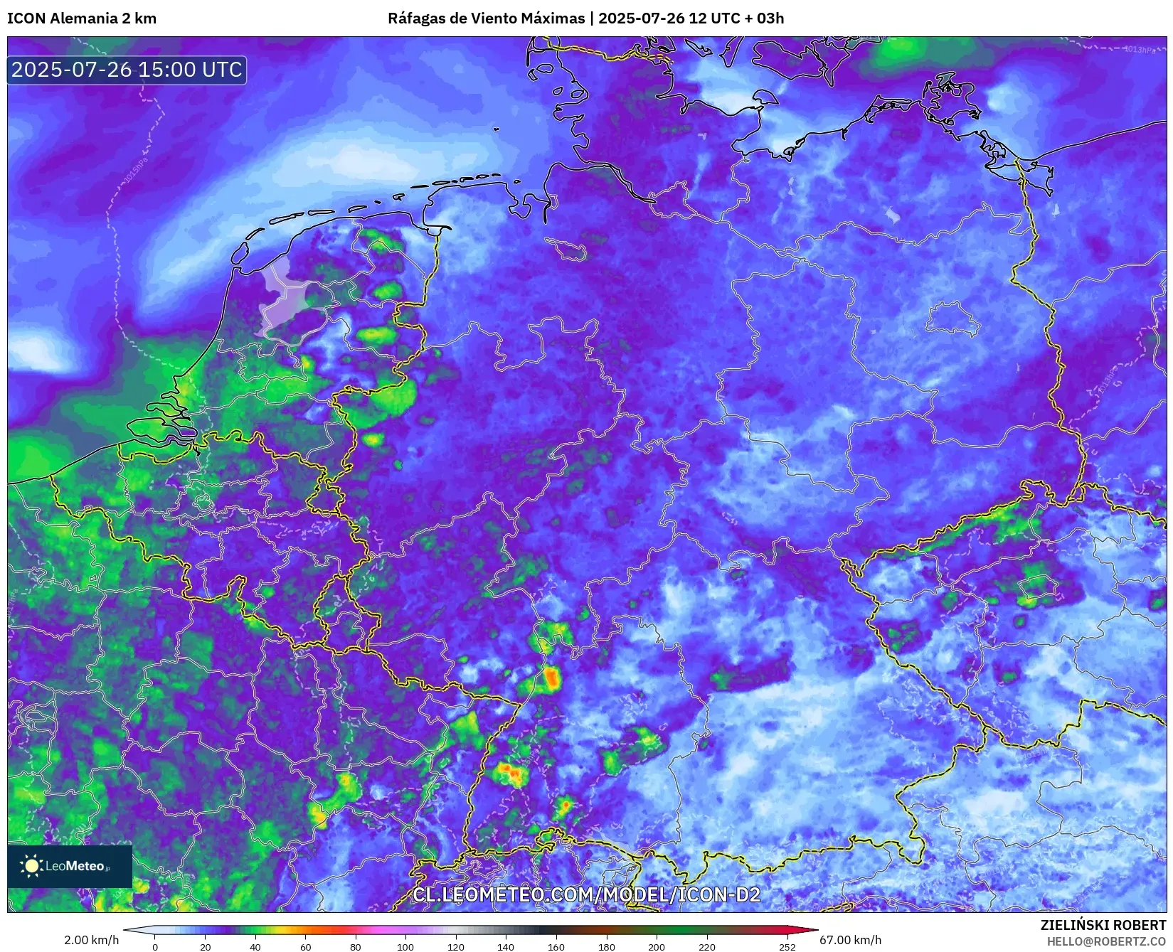 ICON Alemania 2 km model - Alemania, Ráfagas de Viento Máximas