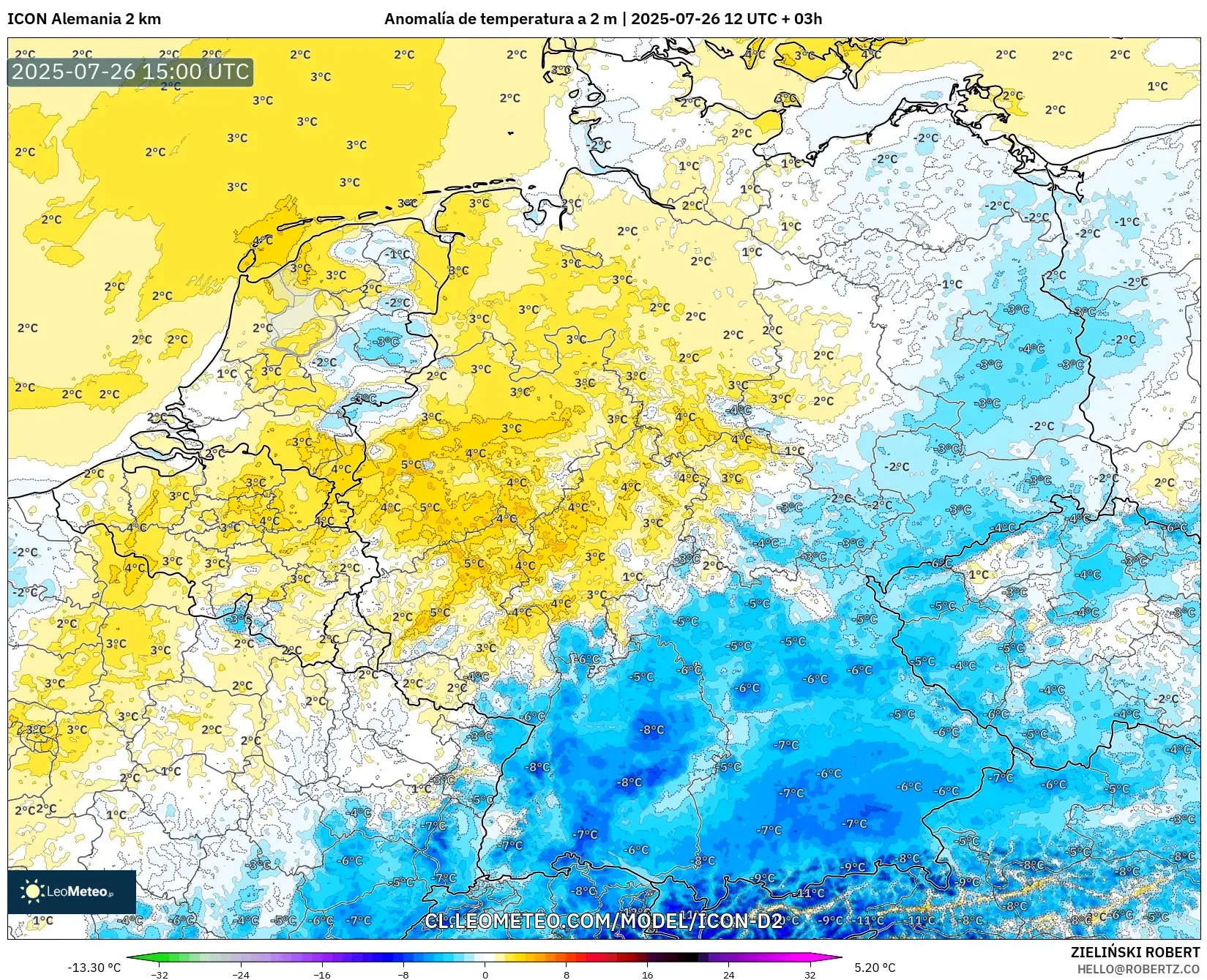 ICON Alemania 2 km model - Alemania, Anomalía de temperatura a 2 m