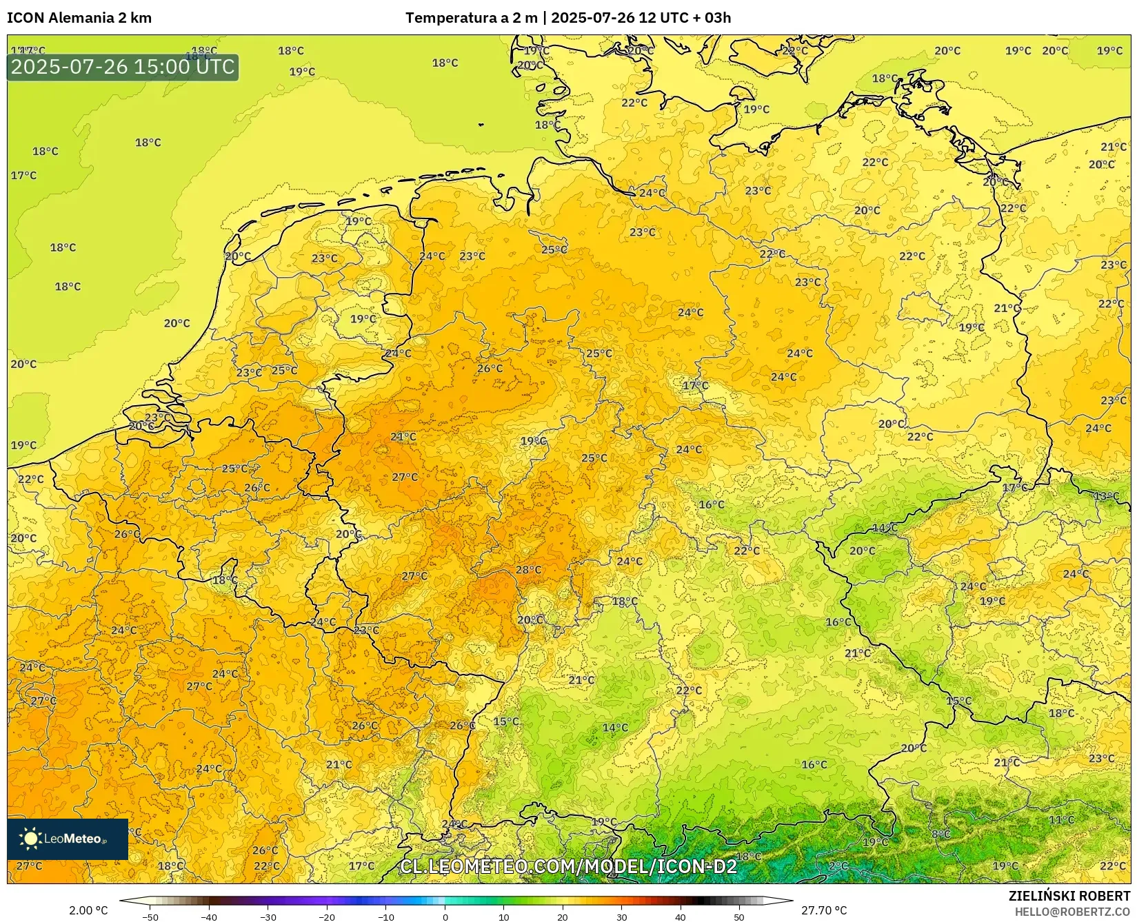 ICON Alemania 2 km model - Alemania, Temperatura a 2 m