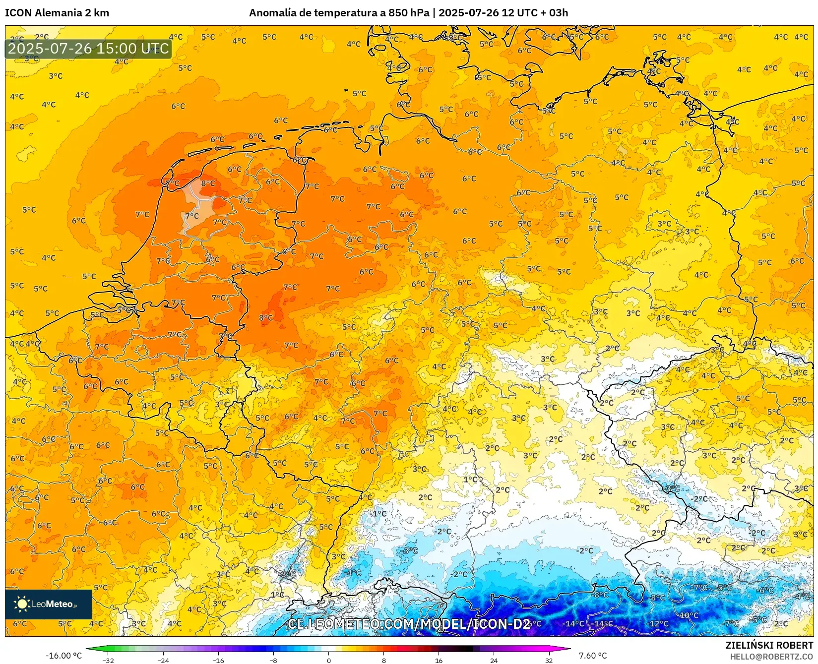 ICON Alemania 2 km model - Alemania, Anomalía de temperatura a 850 hPa