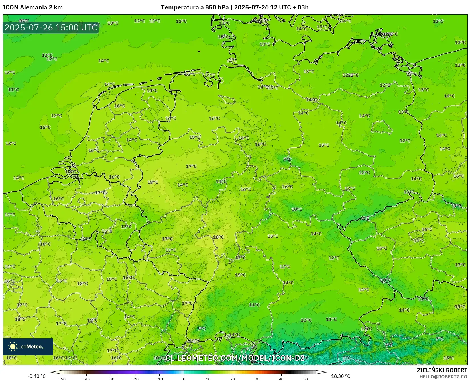 ICON Alemania 2 km model - Alemania, Temperatura a 850 hPa