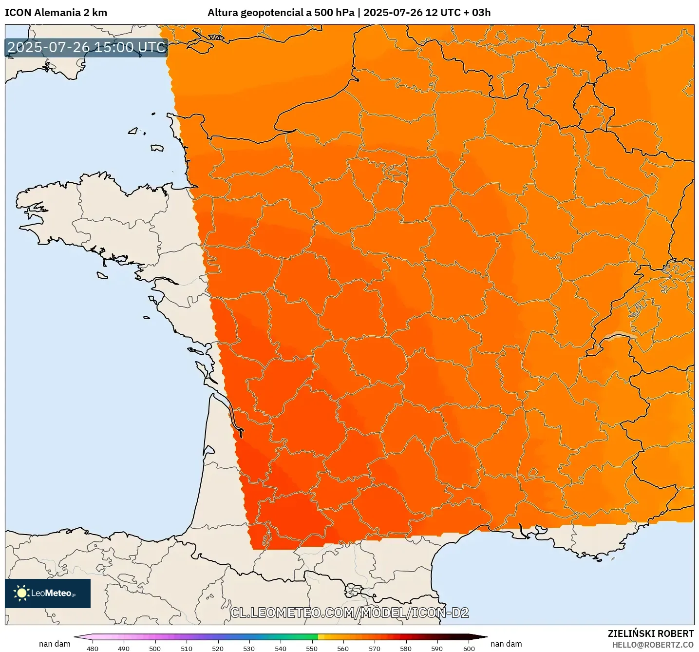 ICON Alemania 2 km model - Francia, Altura geopotencial a 500 hPa