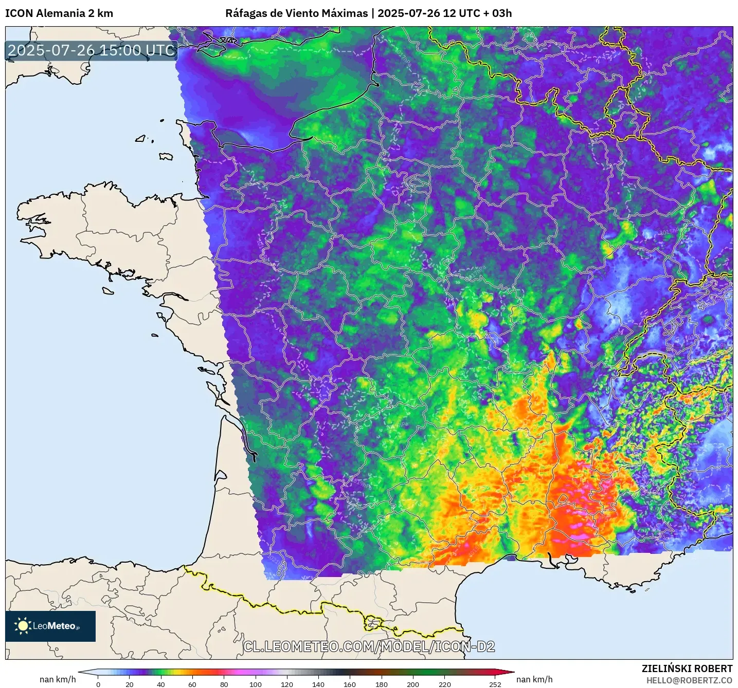 ICON Alemania 2 km model - Francia, Ráfagas de Viento Máximas