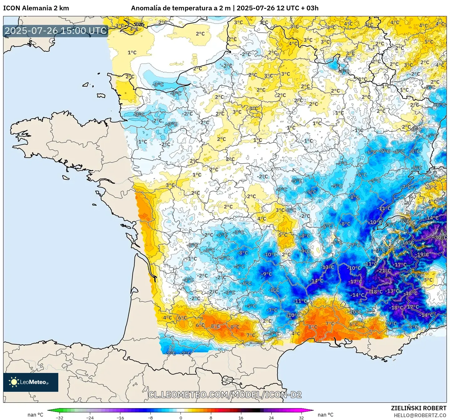ICON Alemania 2 km model - Francia, Anomalía de temperatura a 2 m