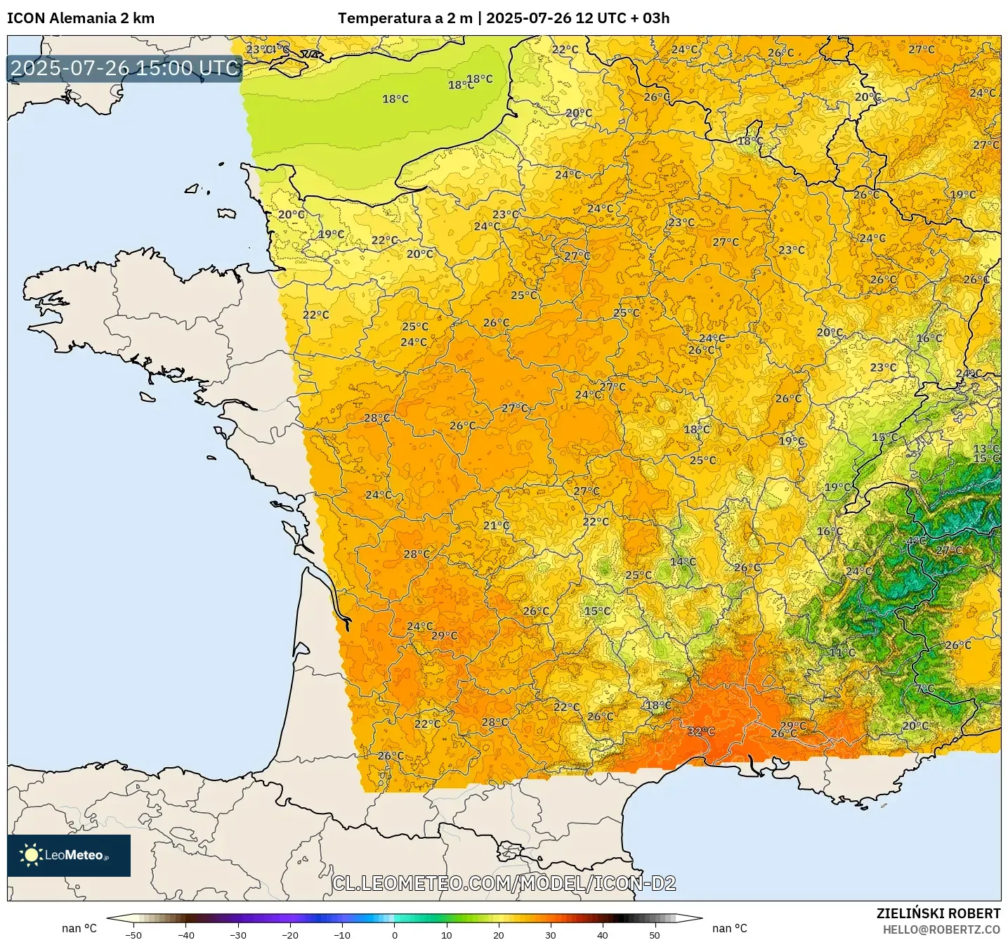 ICON Alemania 2 km model - Francia, Temperatura a 2 m