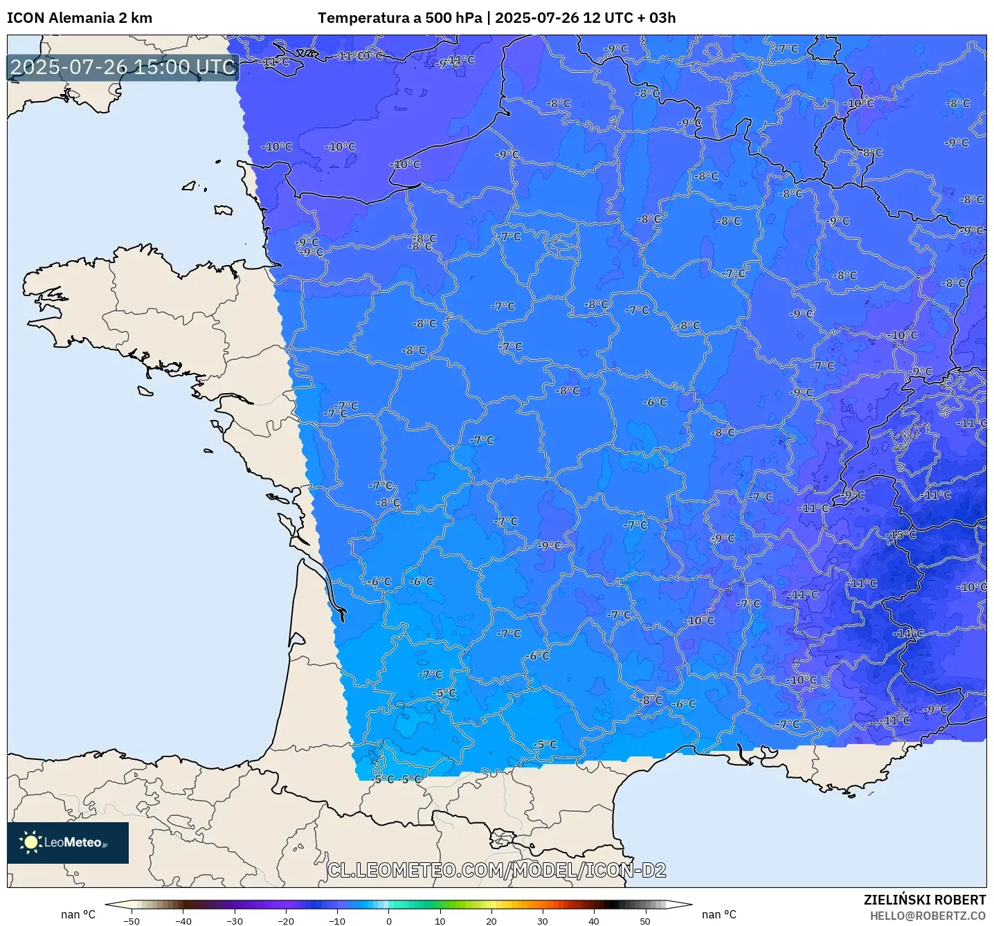 ICON Alemania 2 km model - Francia, Temperatura a 500 hPa