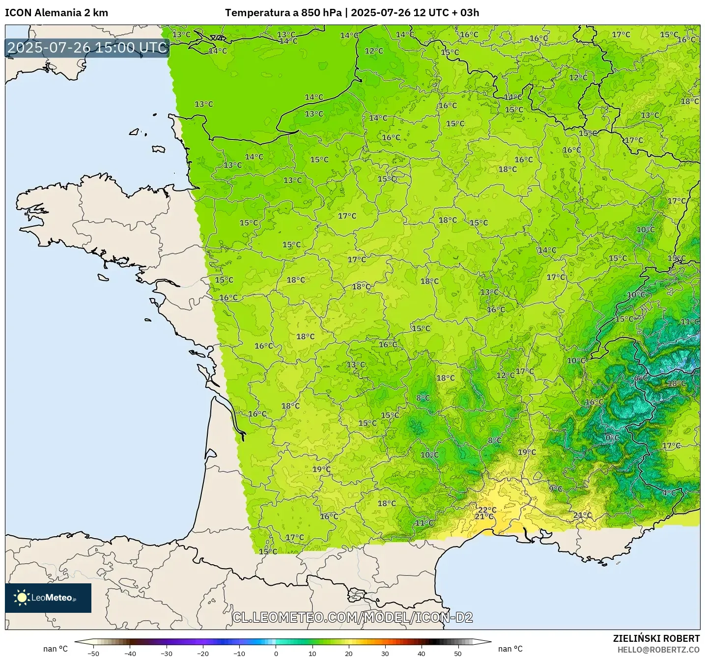 ICON Alemania 2 km model - Francia, Temperatura a 850 hPa