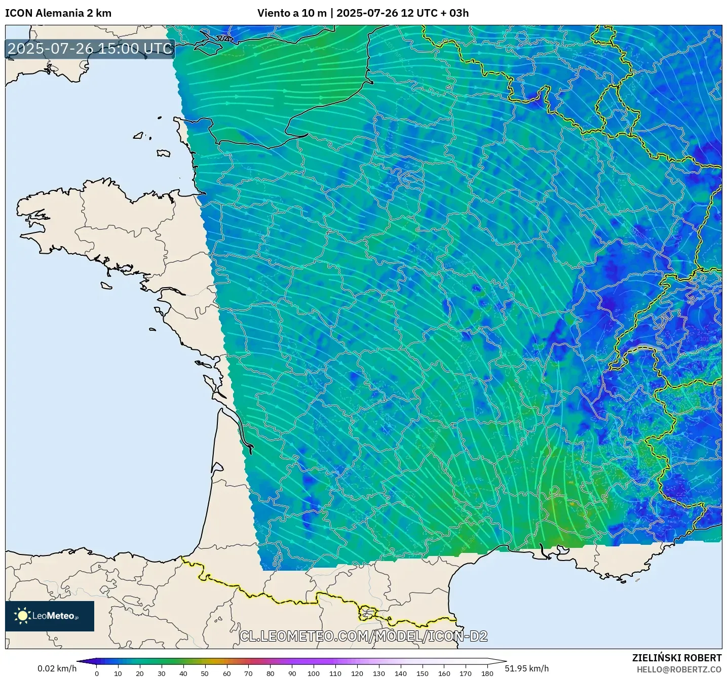 ICON Alemania 2 km model - Francia, Viento a 10 m