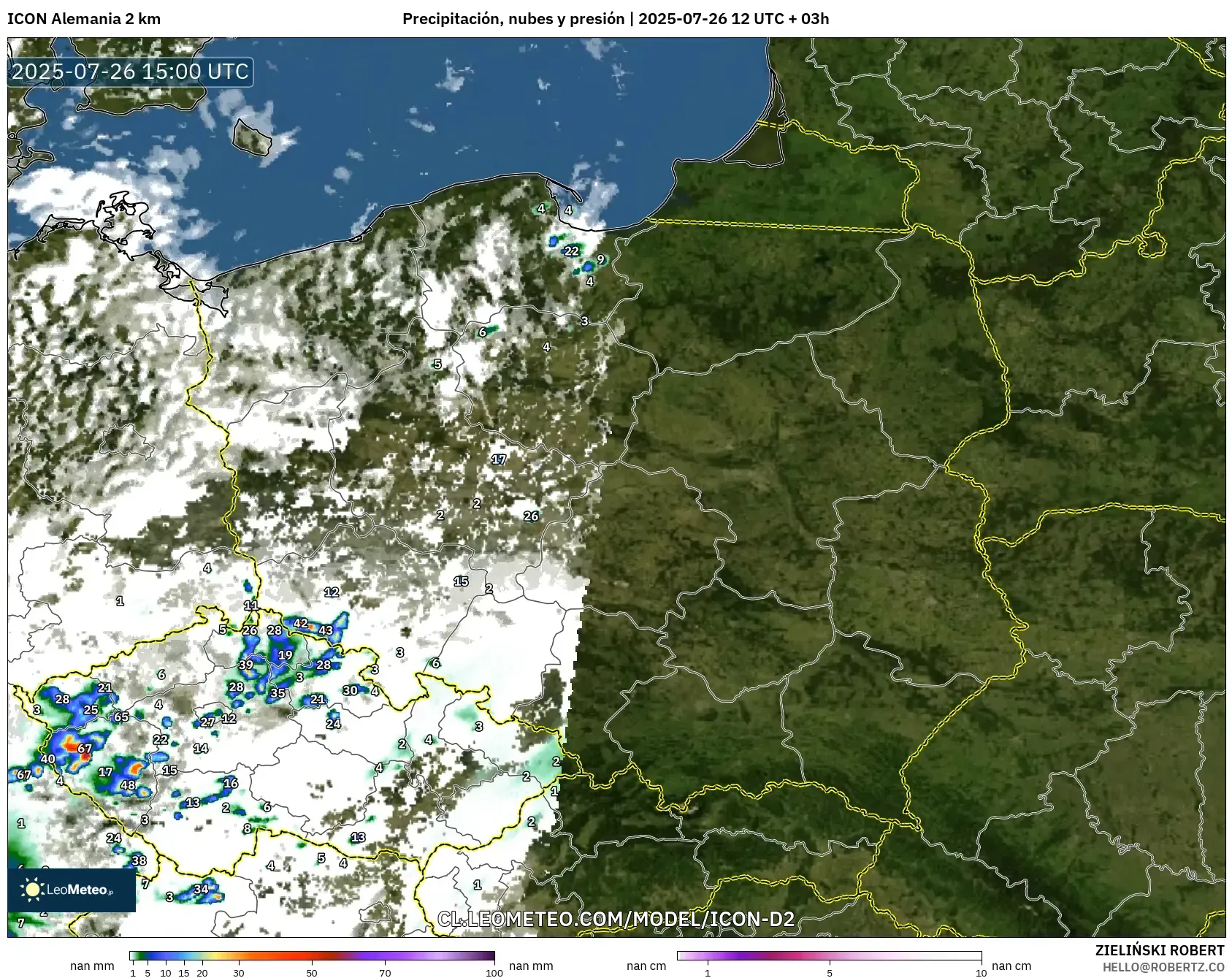ICON Alemania 2 km model - Polonia, Precipitación, nubes y presión ICON Alemania 2 km model - Polonia, Precipitación, nubes y presión