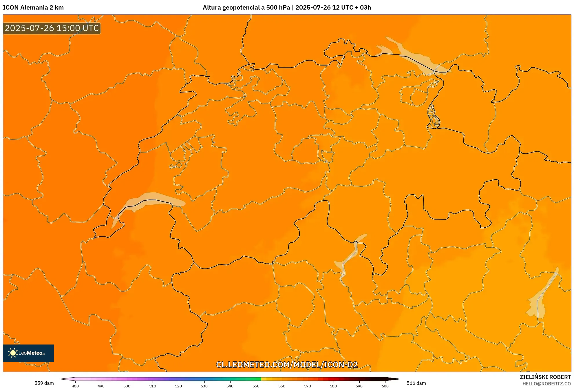 ICON Alemania 2 km model - Suiza, Altura geopotencial a 500 hPa
