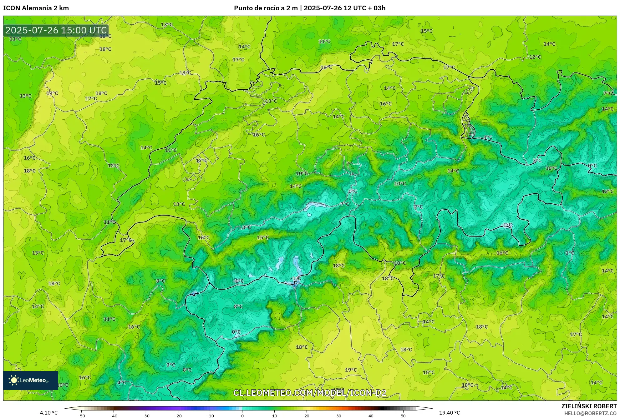 ICON Alemania 2 km model - Suiza, Punto de rocío a 2 m