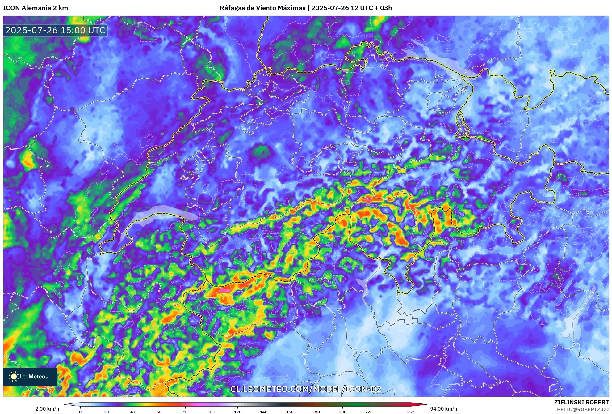 ICON Alemania 2 km model - Suiza, Ráfagas de Viento Máximas