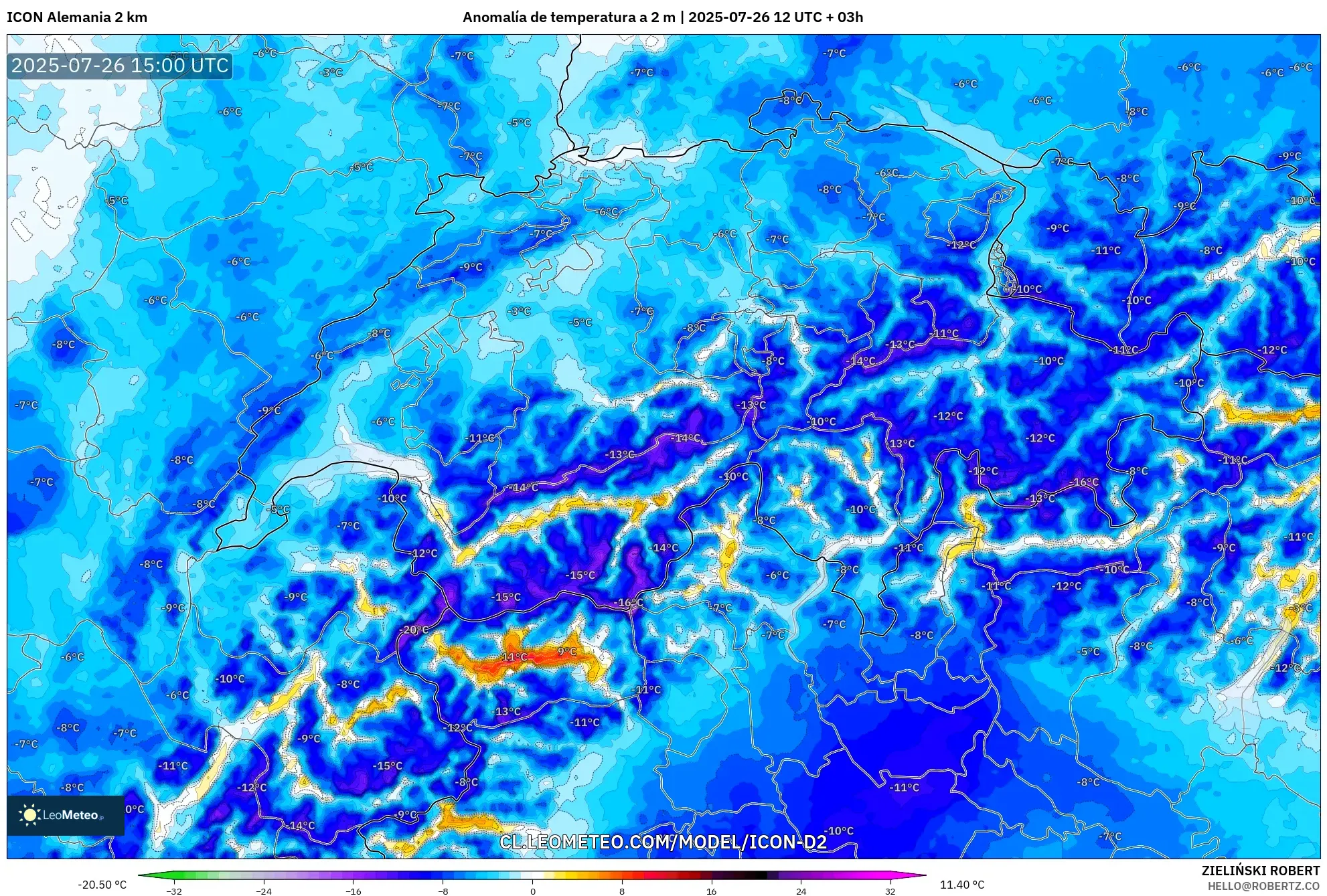 ICON Alemania 2 km model - Suiza, Anomalía de temperatura a 2 m
