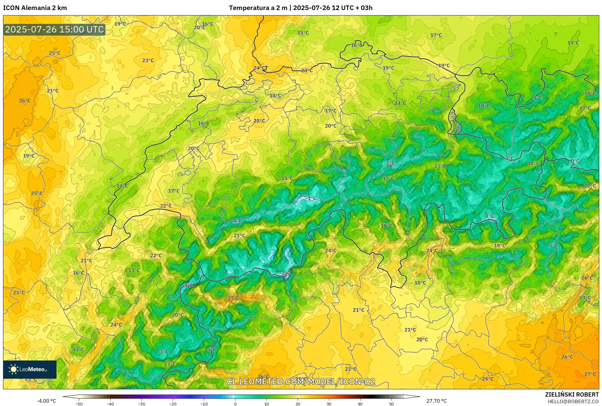 ICON Alemania 2 km model - Suiza, Temperatura a 2 m