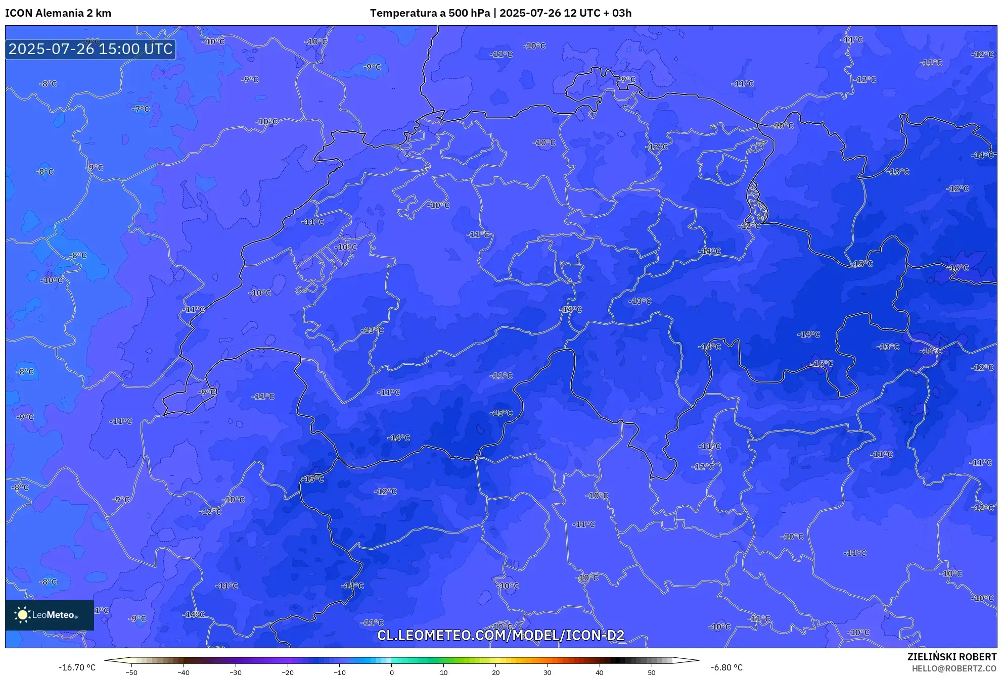 ICON Alemania 2 km model - Suiza, Temperatura a 500 hPa