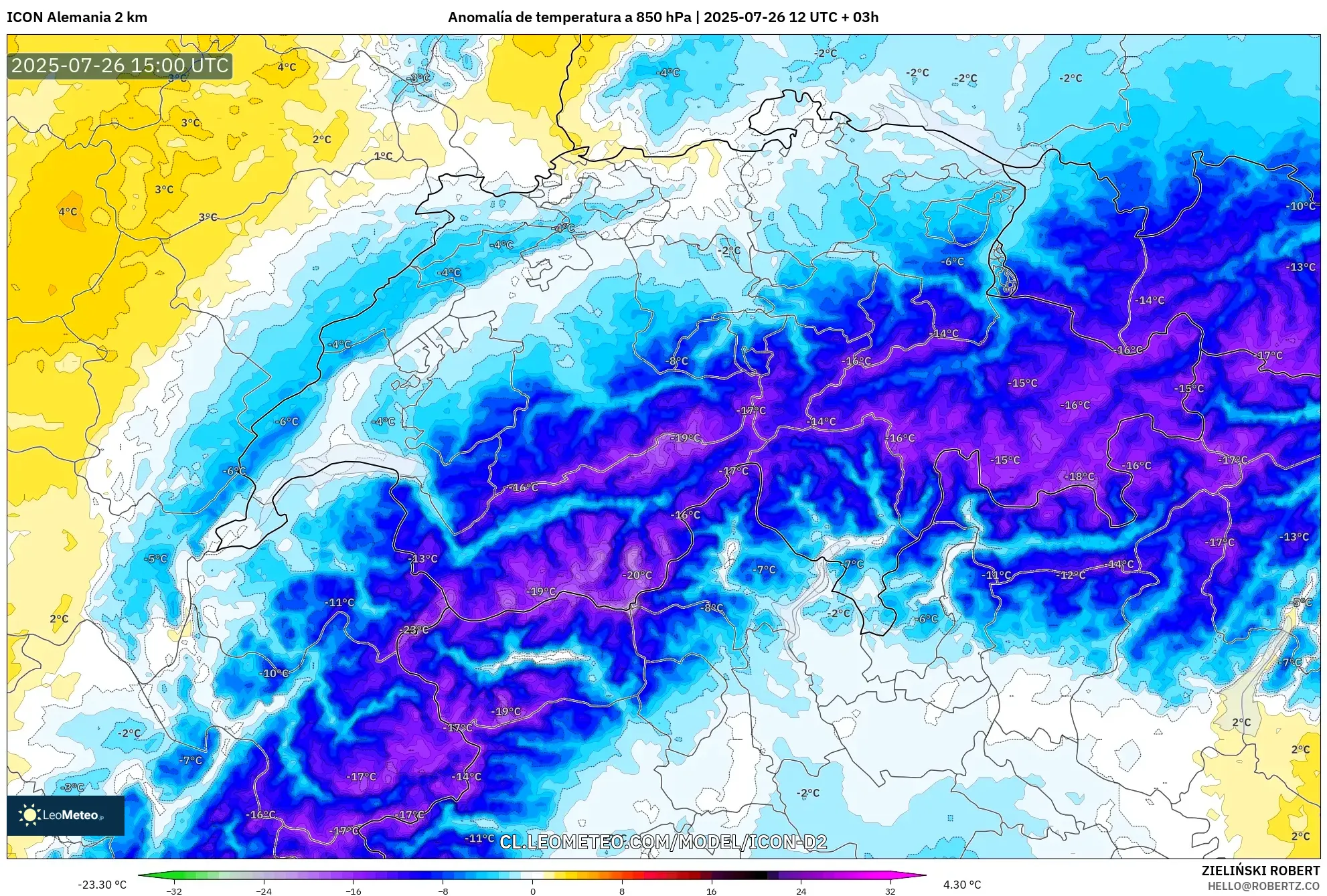 ICON Alemania 2 km model - Suiza, Anomalía de temperatura a 850 hPa