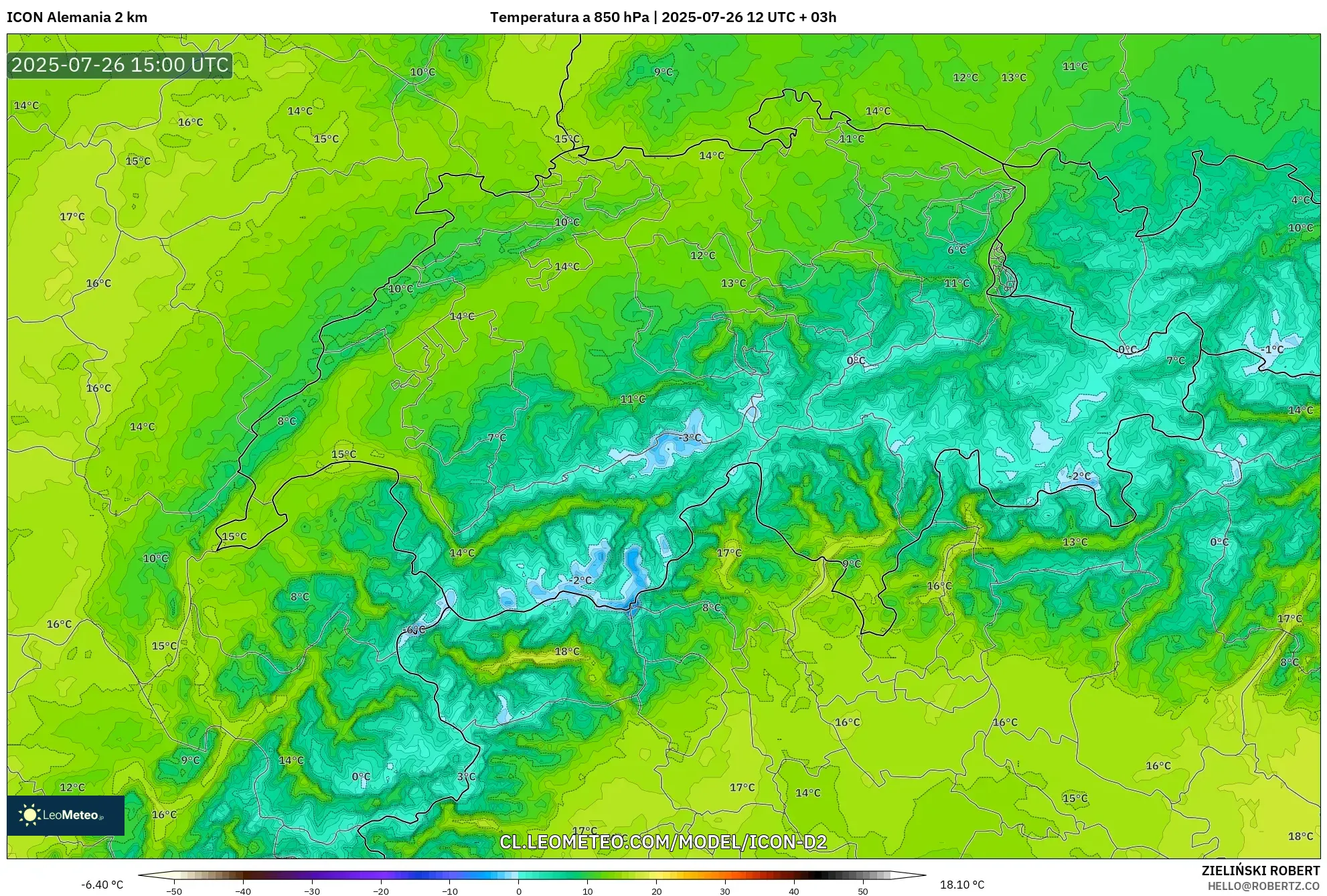 ICON Alemania 2 km model - Suiza, Temperatura a 850 hPa