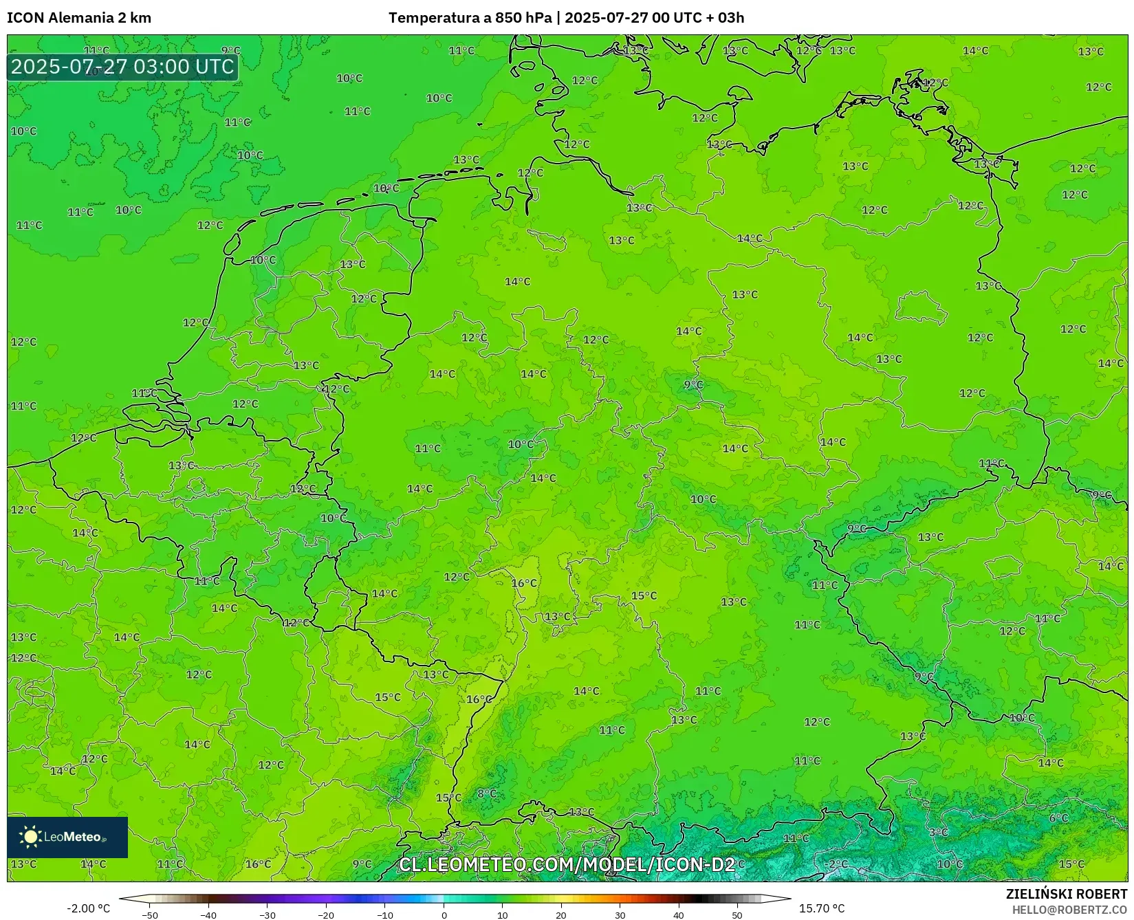 ICON Alemania 2 km model - Alemania, Temperatura a 850 hPa ICON Alemania 2 km model - Alemania, Temperatura a 850 hPa