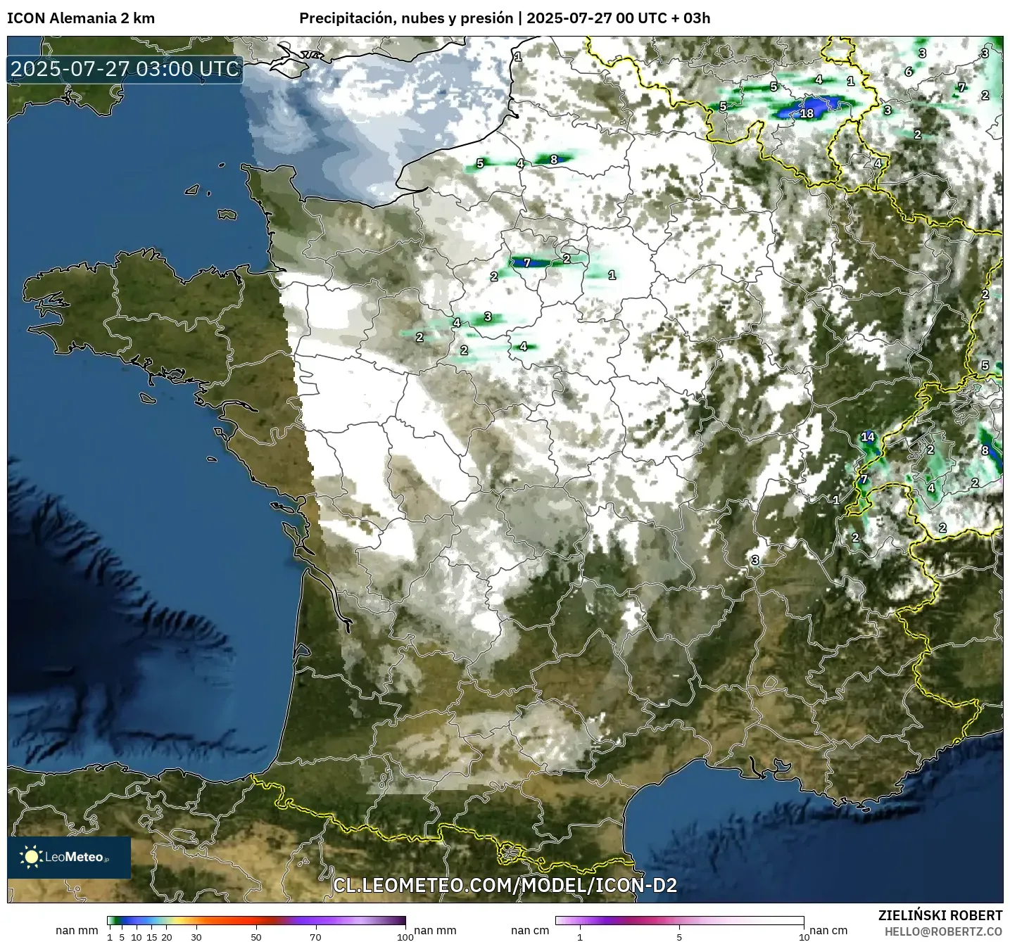 ICON Alemania 2 km model - Francia, Precipitación, nubes y presión ICON Alemania 2 km model - Francia, Precipitación, nubes y presión