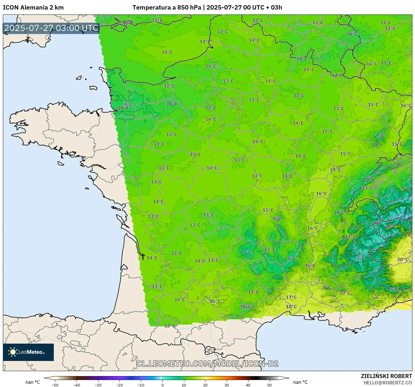 ICON Alemania 2 km model - Francia, Temperatura a 850 hPa ICON Alemania 2 km model - Francia, Temperatura a 850 hPa
