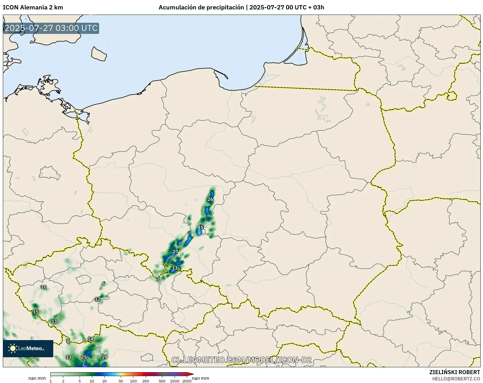 ICON Alemania 2 km model - Polonia, Acumulación de precipitación ICON Alemania 2 km model - Polonia, Acumulación de precipitación