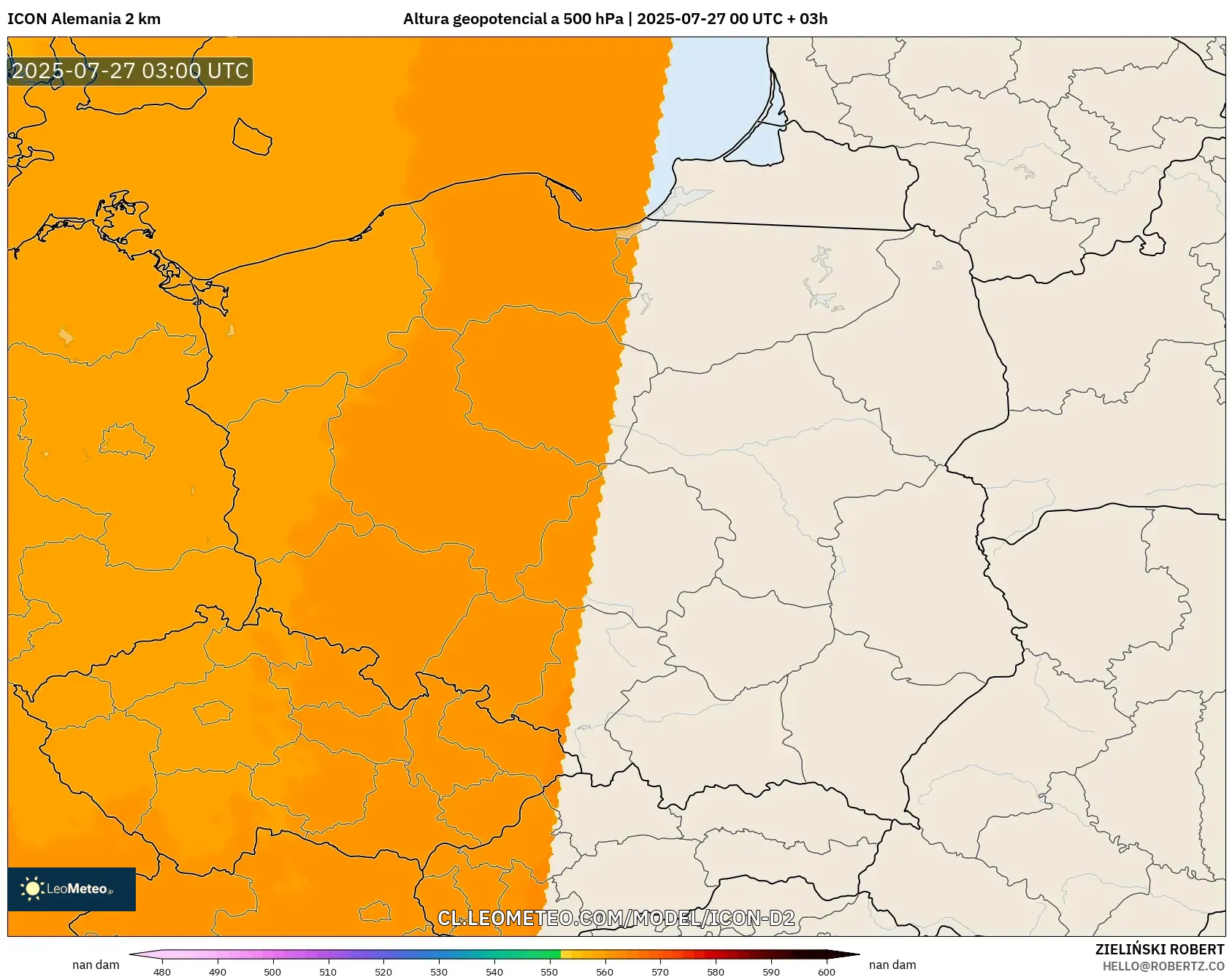 ICON Alemania 2 km model - Polonia, Altura geopotencial a 500 hPa ICON Alemania 2 km model - Polonia, Altura geopotencial a 500 hPa