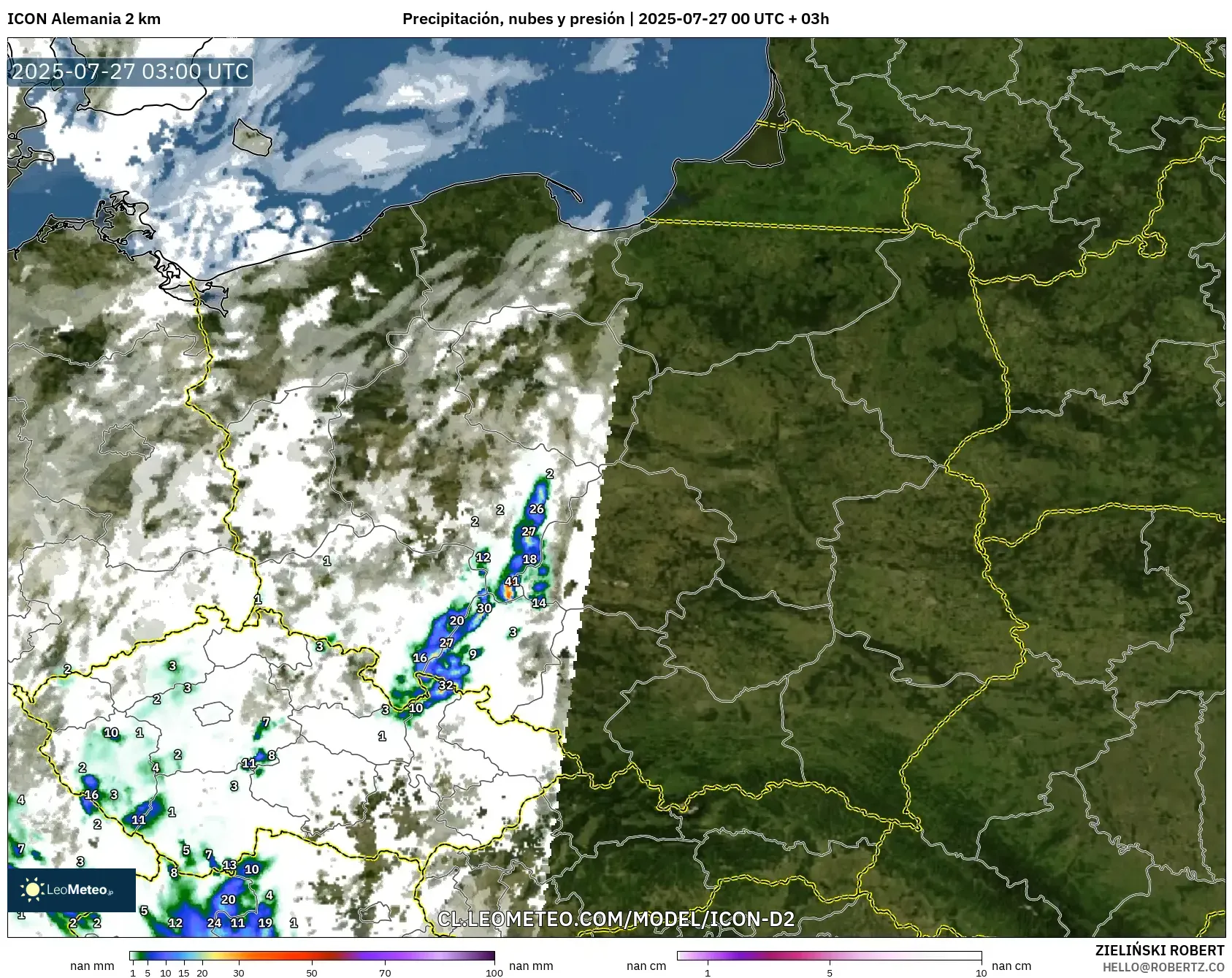 ICON Alemania 2 km model - Polonia, Precipitación, nubes y presión ICON Alemania 2 km model - Polonia, Precipitación, nubes y presión