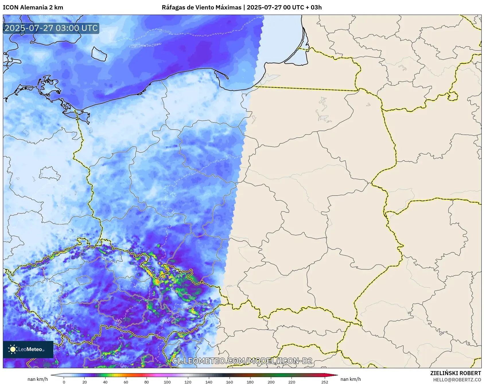 ICON Alemania 2 km model - Polonia, Ráfagas de Viento Máximas ICON Alemania 2 km model - Polonia, Ráfagas de Viento Máximas