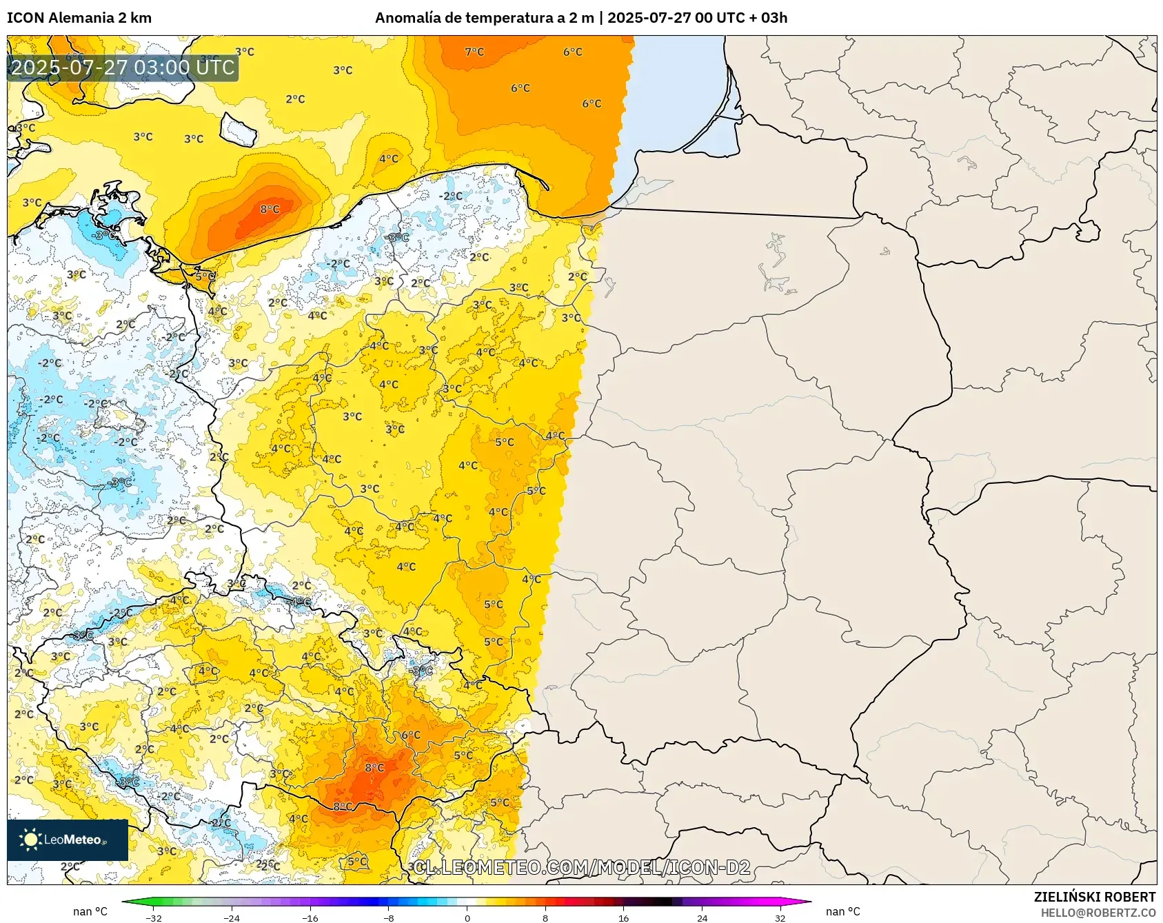 ICON Alemania 2 km model - Polonia, Anomalía de temperatura a 2 m ICON Alemania 2 km model - Polonia, Anomalía de temperatura a 2 m
