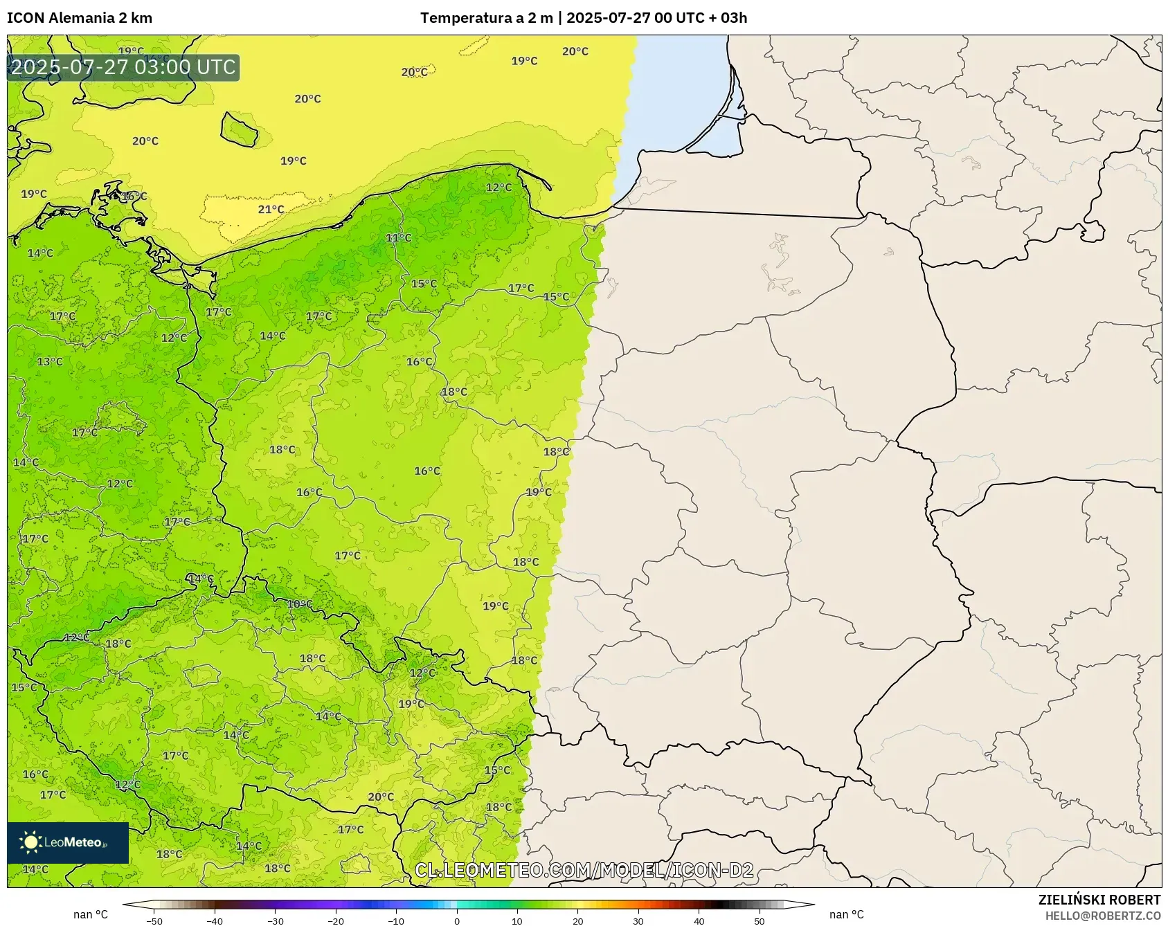 ICON Alemania 2 km model - Polonia, Temperatura a 2 m ICON Alemania 2 km model - Polonia, Temperatura a 2 m