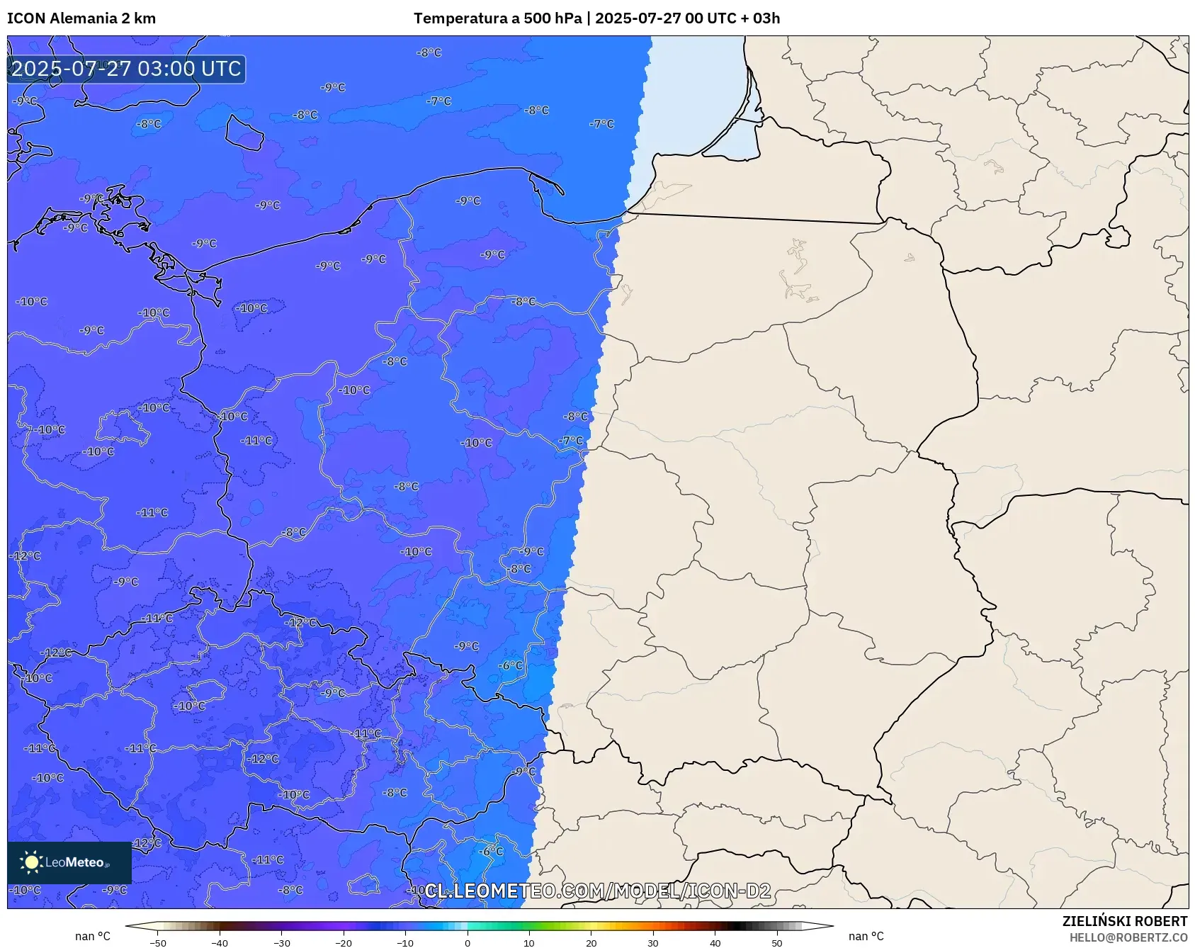 ICON Alemania 2 km model - Polonia, Temperatura a 500 hPa ICON Alemania 2 km model - Polonia, Temperatura a 500 hPa