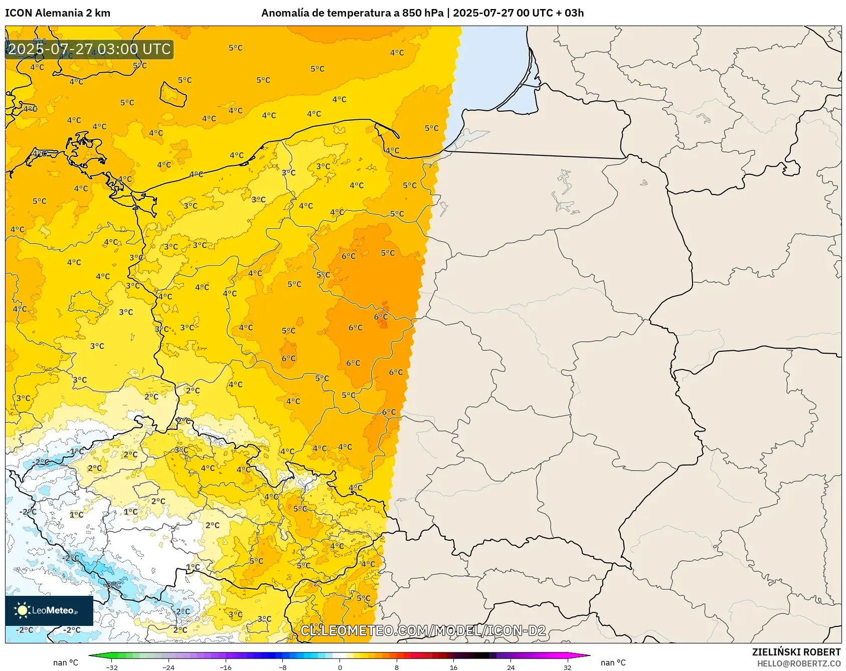 ICON Alemania 2 km model - Polonia, Anomalía de temperatura a 850 hPa ICON Alemania 2 km model - Polonia, Anomalía de temperatura a 850 hPa
