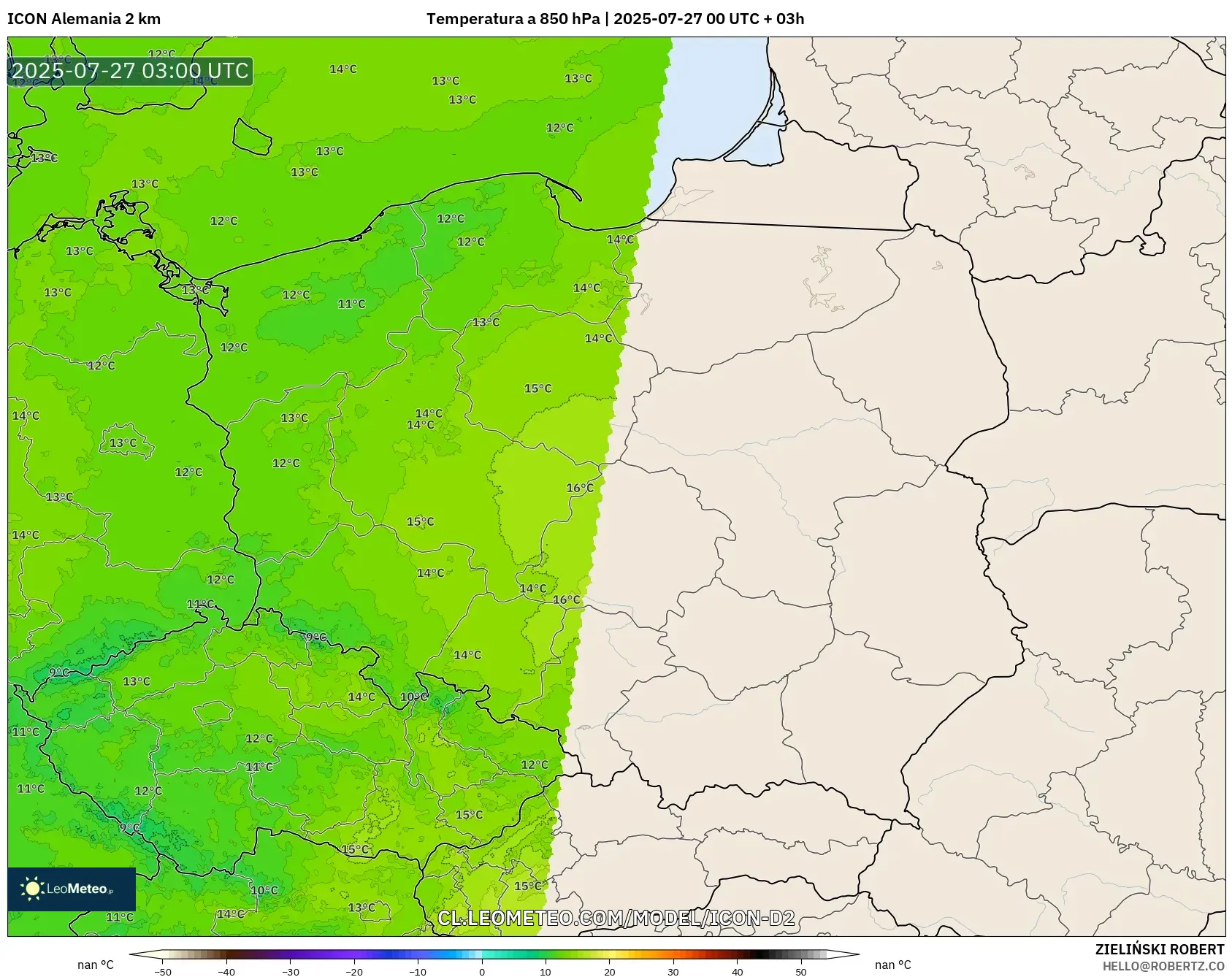 ICON Alemania 2 km model - Polonia, Temperatura a 850 hPa ICON Alemania 2 km model - Polonia, Temperatura a 850 hPa