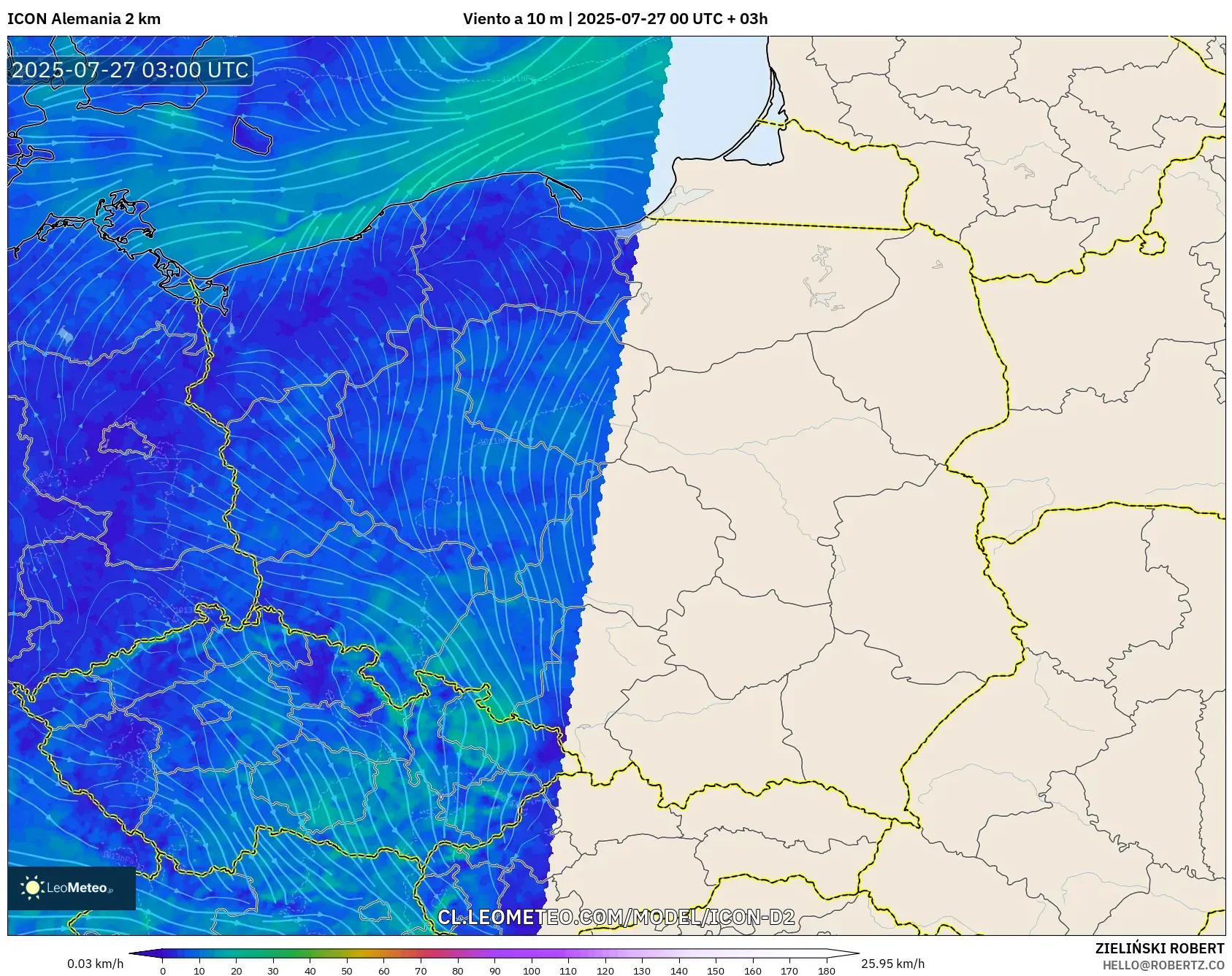 ICON Alemania 2 km model - Polonia, Viento a 10 m ICON Alemania 2 km model - Polonia, Viento a 10 m