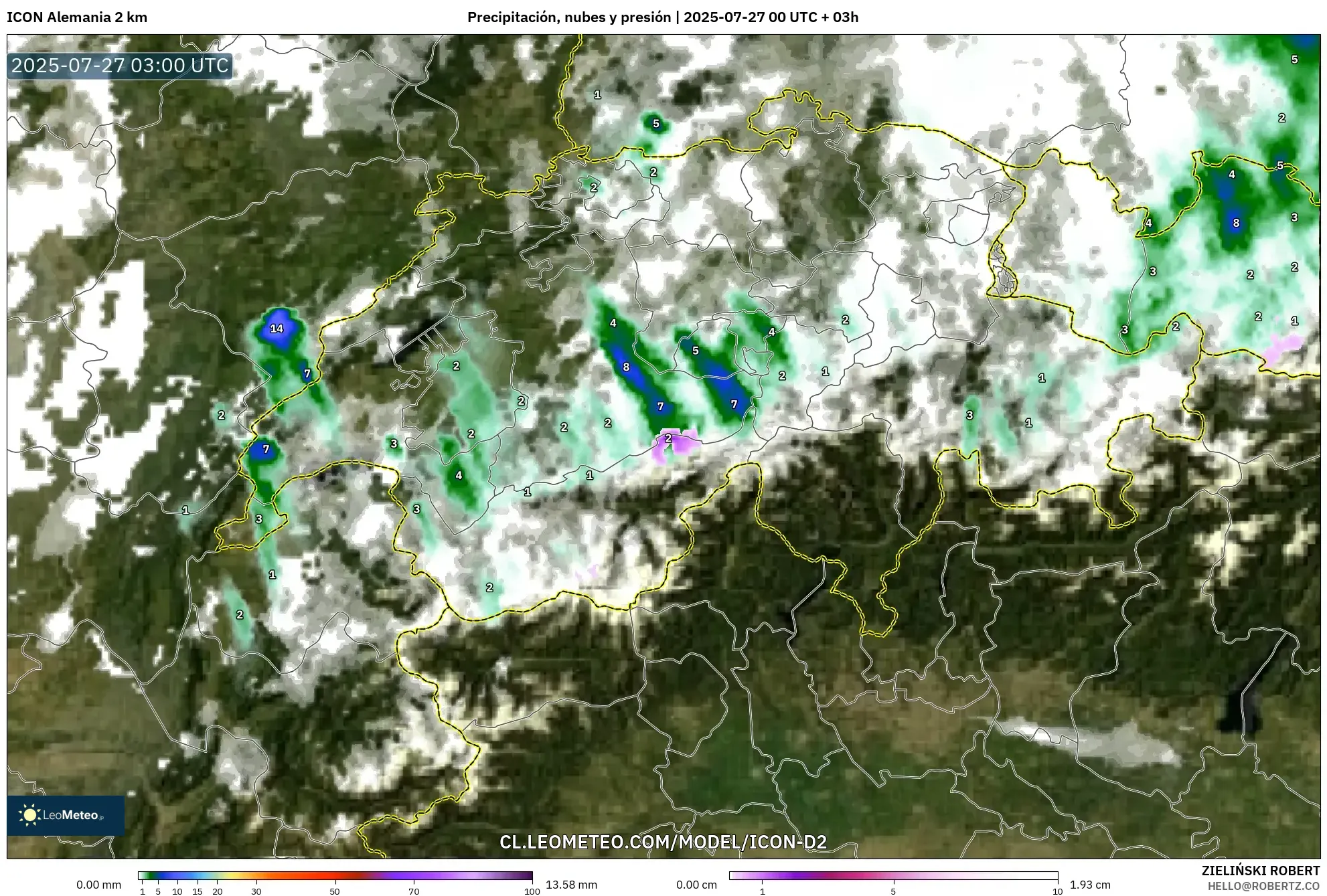 ICON Alemania 2 km model - Suiza, Precipitación, nubes y presión ICON Alemania 2 km model - Suiza, Precipitación, nubes y presión