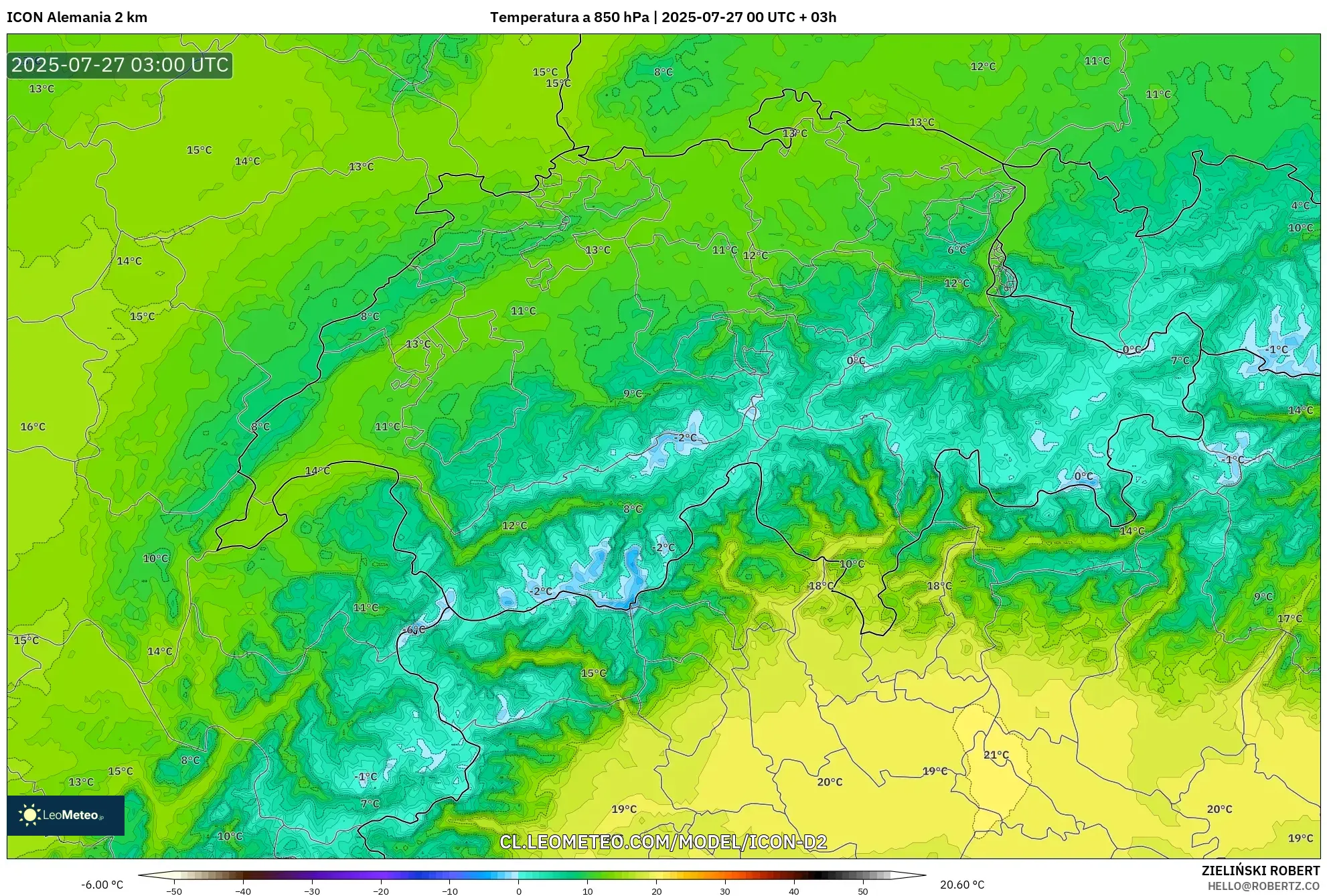 ICON Alemania 2 km model - Suiza, Temperatura a 850 hPa ICON Alemania 2 km model - Suiza, Temperatura a 850 hPa