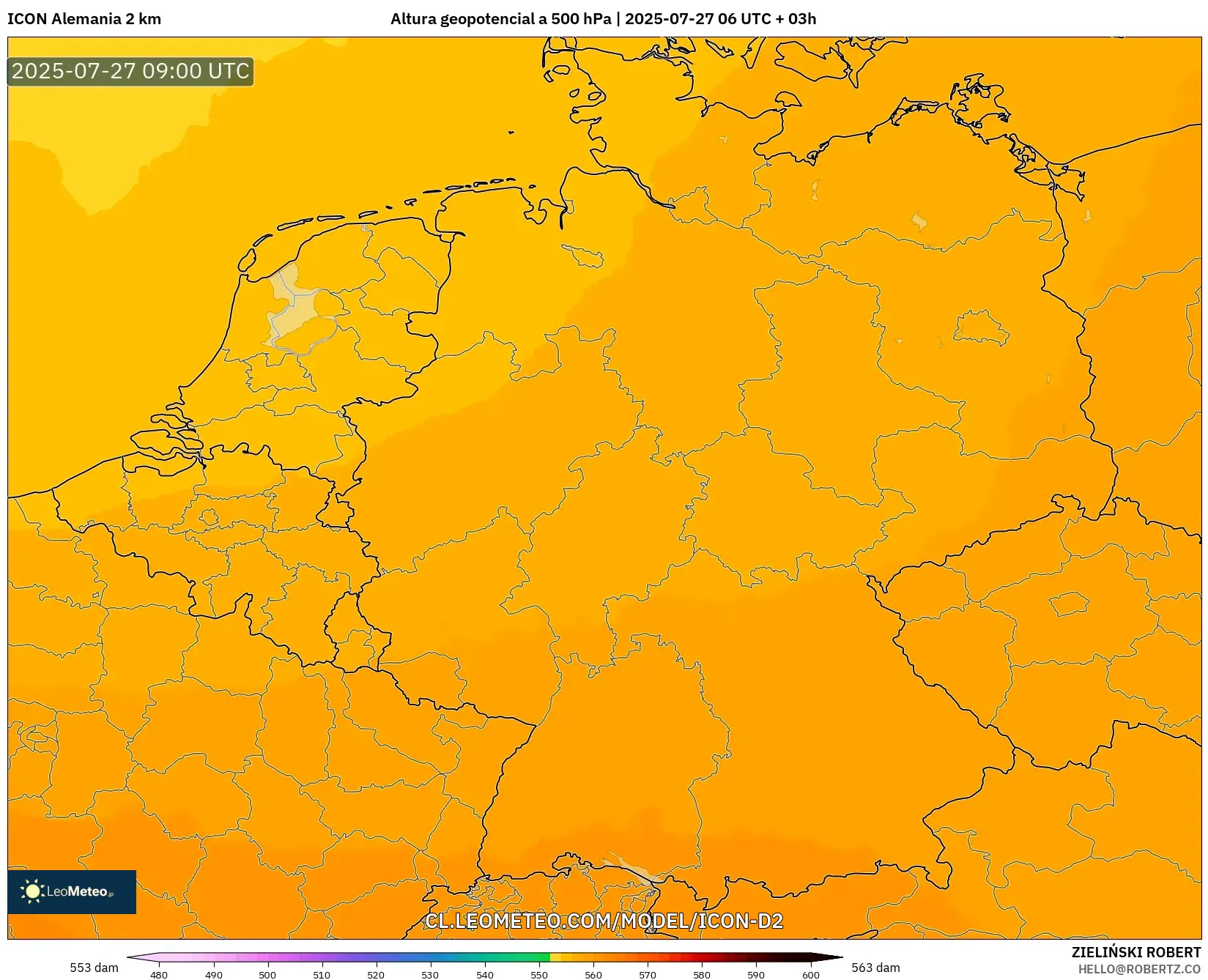 ICON Alemania 2 km model - Alemania, Altura geopotencial a 500 hPa ICON Alemania 2 km model - Alemania, Altura geopotencial a 500 hPa