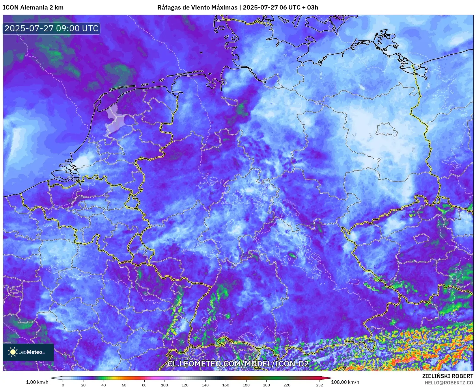 ICON Alemania 2 km model - Alemania, Ráfagas de Viento Máximas ICON Alemania 2 km model - Alemania, Ráfagas de Viento Máximas