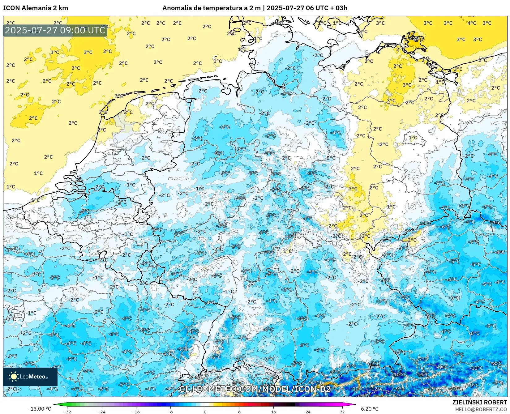 ICON Alemania 2 km model - Alemania, Anomalía de temperatura a 2 m ICON Alemania 2 km model - Alemania, Anomalía de temperatura a 2 m