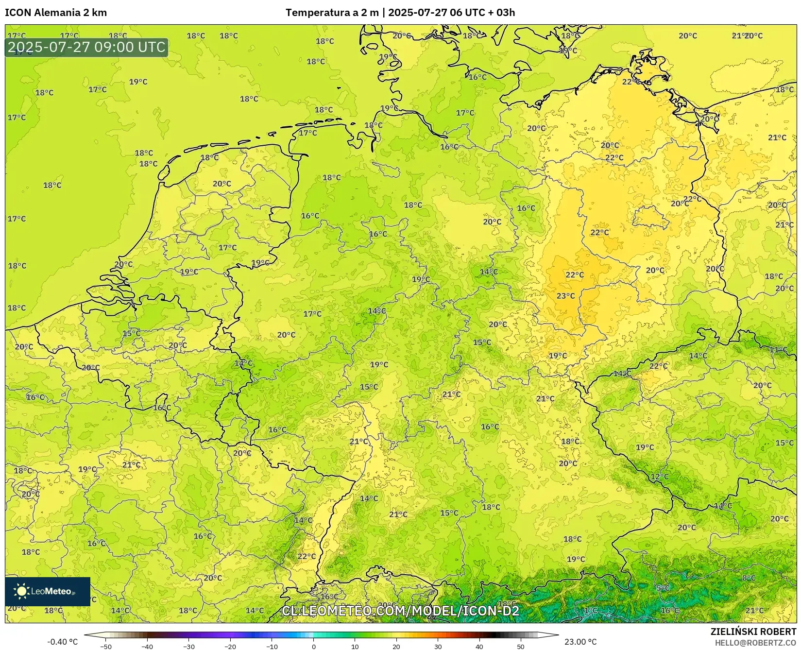ICON Alemania 2 km model - Alemania, Temperatura a 2 m ICON Alemania 2 km model - Alemania, Temperatura a 2 m
